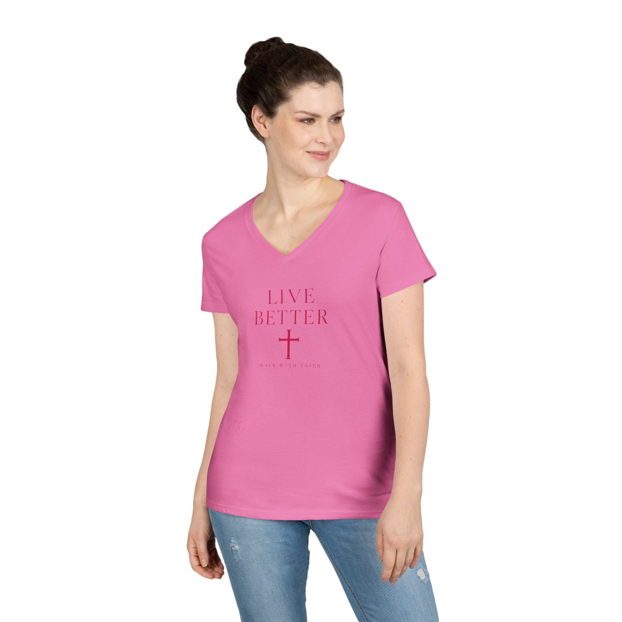 Camiseta de cuello de pico para mujer "Vive mejor, camina con fe" — Camiseta cristiana inspiradora femenina con cruz