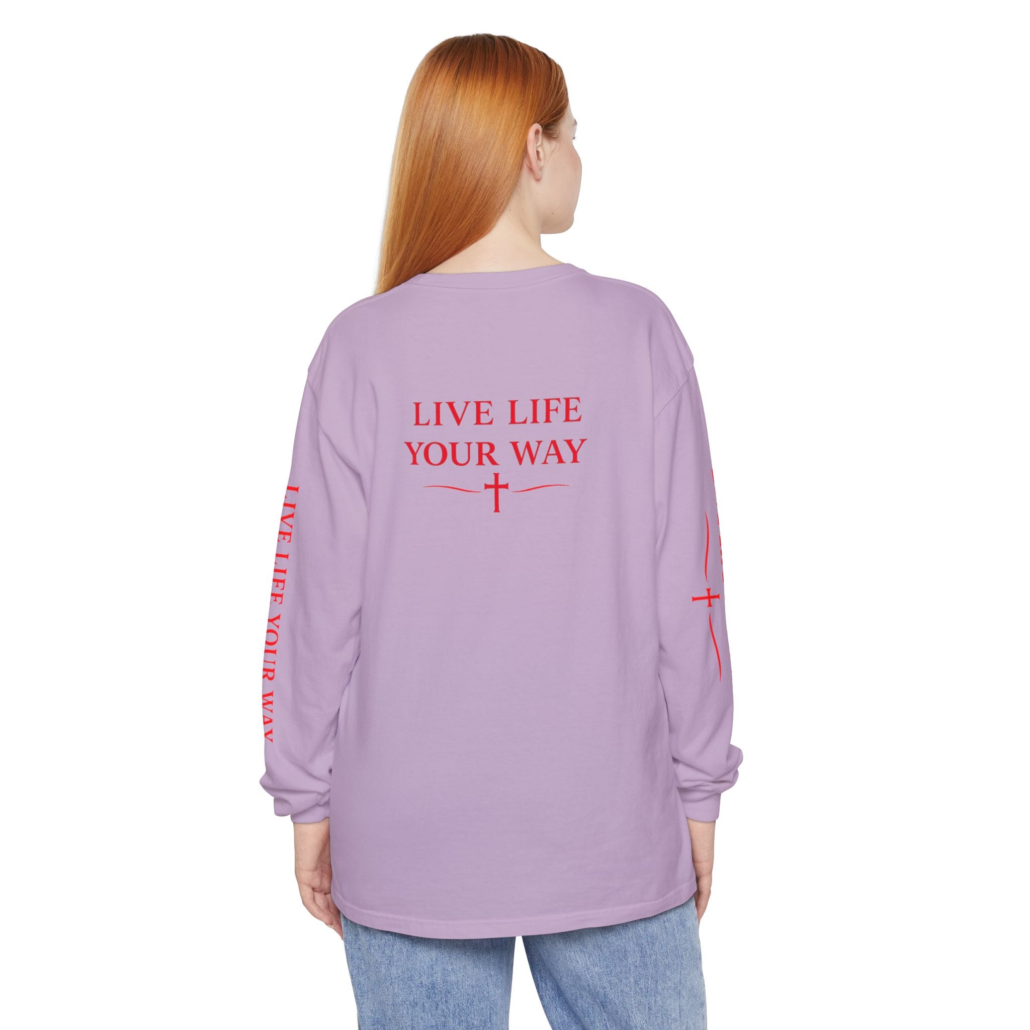 Camiseta de manga larga para hombre, Vive la vida a tu manera, Letras rojas