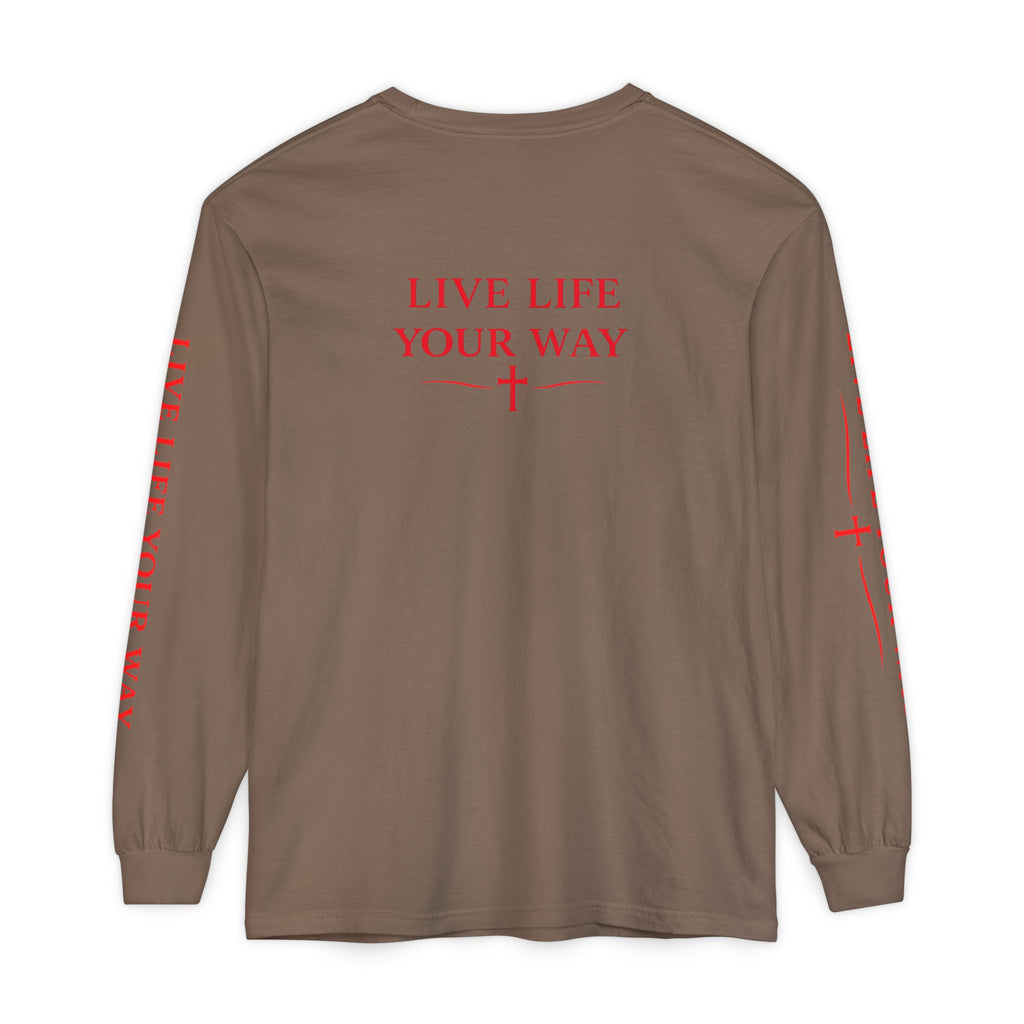 Camiseta de manga larga para hombre, Vive la vida a tu manera, Letras rojas