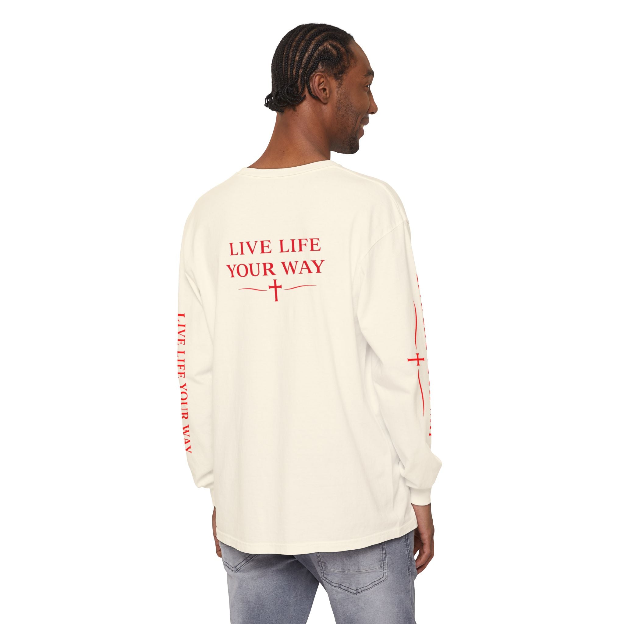 Camiseta de manga larga para hombre, Vive la vida a tu manera, Letras rojas