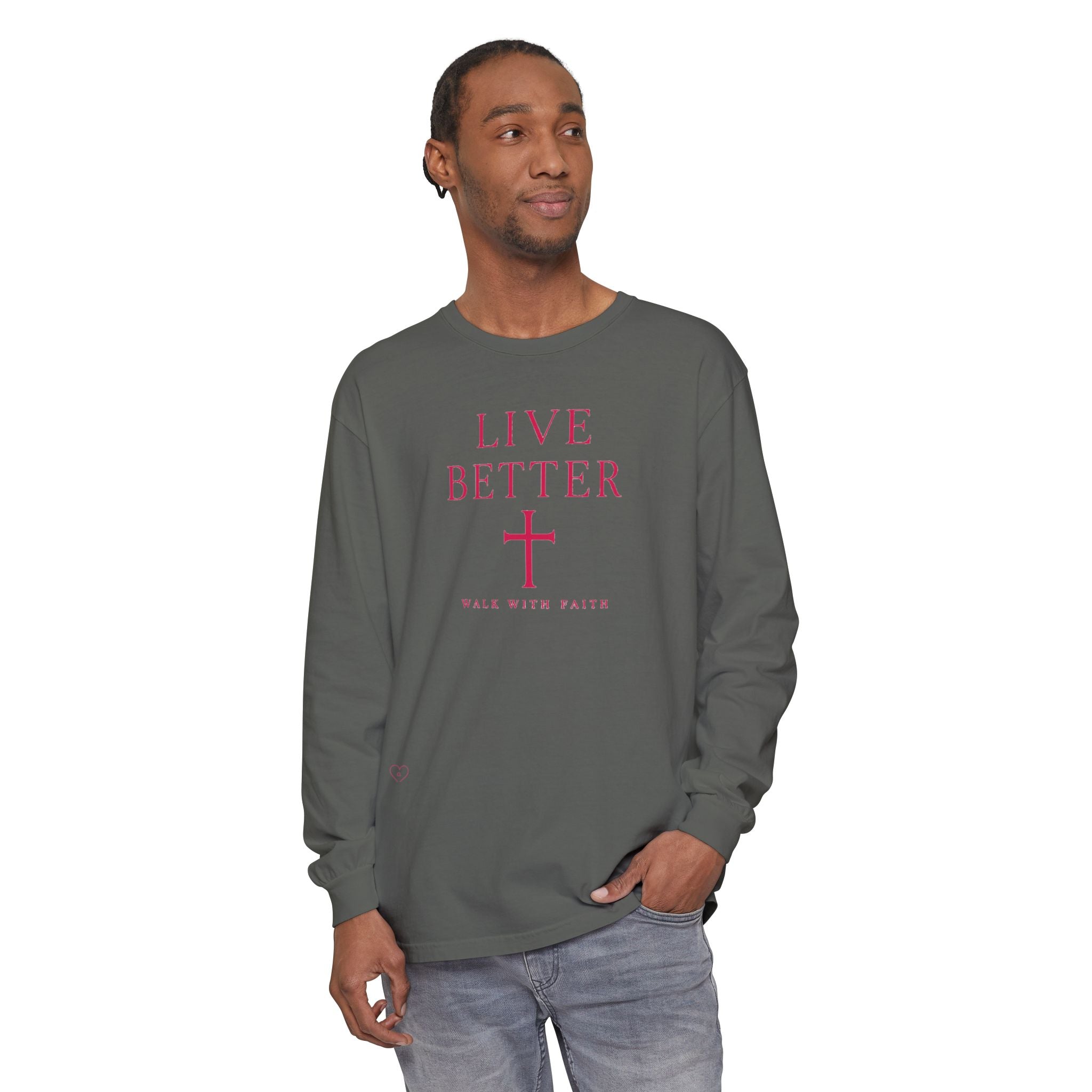 Camiseta de manga larga unisex con cruz "Vive Mejor" — Camiseta cristiana "Camina con fe"