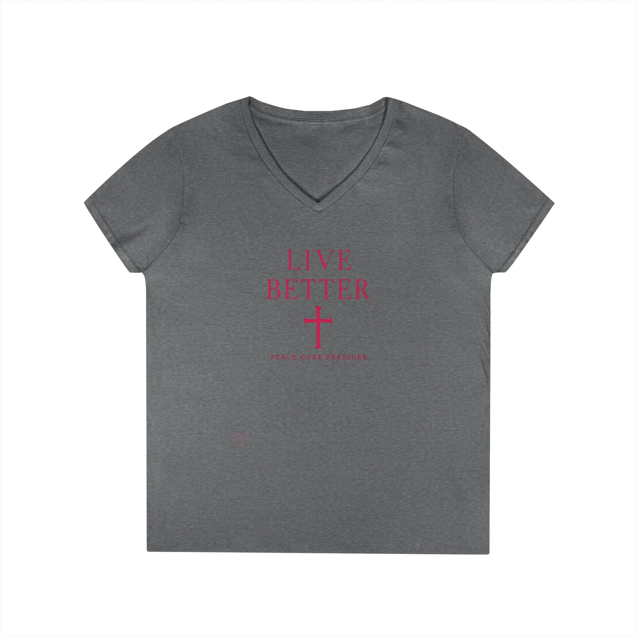 Camiseta de mujer con cuello en V "Live Better Peace Over Pressure" — Camiseta cristiana inspiradora femenina con cruz