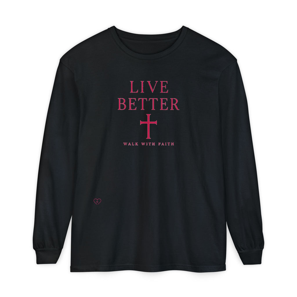 Camiseta de manga larga unisex con cruz "Vive Mejor" — Camiseta cristiana "Camina con fe"