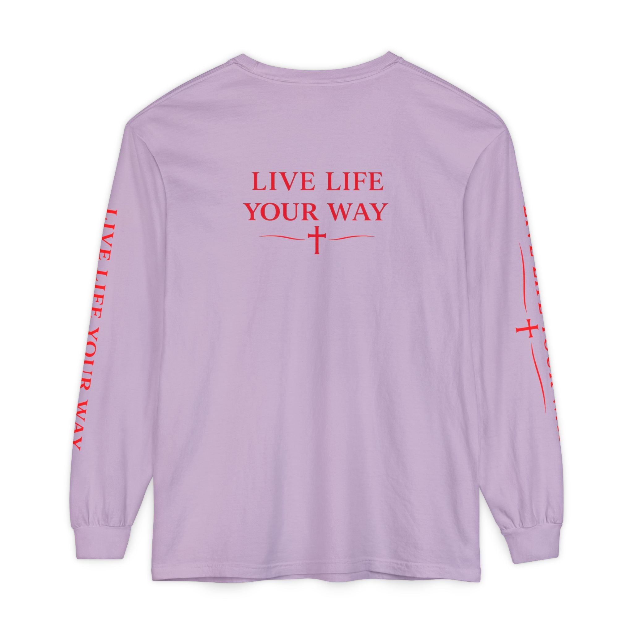 Camiseta de manga larga para hombre, Vive la vida a tu manera, Letras rojas