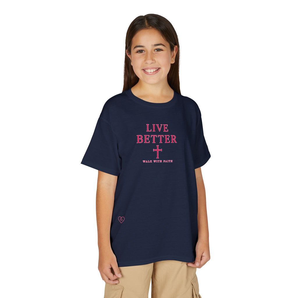 Camiseta juvenil — "Vive mejor, camina con fe" - Camiseta rosa con el lema "Fe"