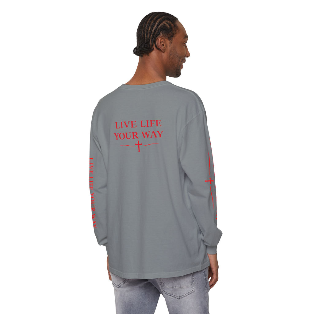 Camiseta de manga larga para hombre, Vive la vida a tu manera, Letras rojas