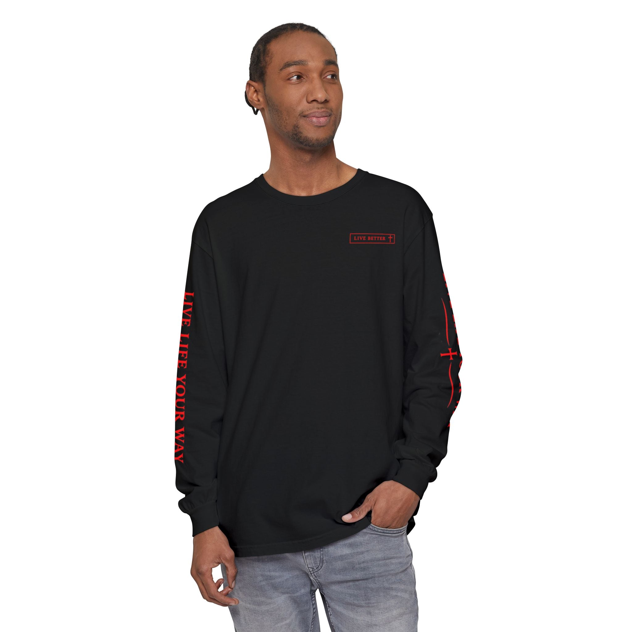 Camiseta de manga larga para hombre, Vive la vida a tu manera, Letras rojas