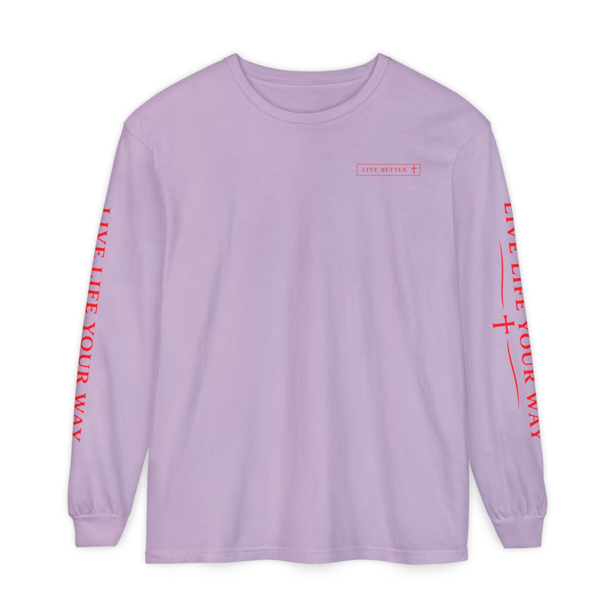 Camiseta de manga larga para hombre, Vive la vida a tu manera, Letras rojas