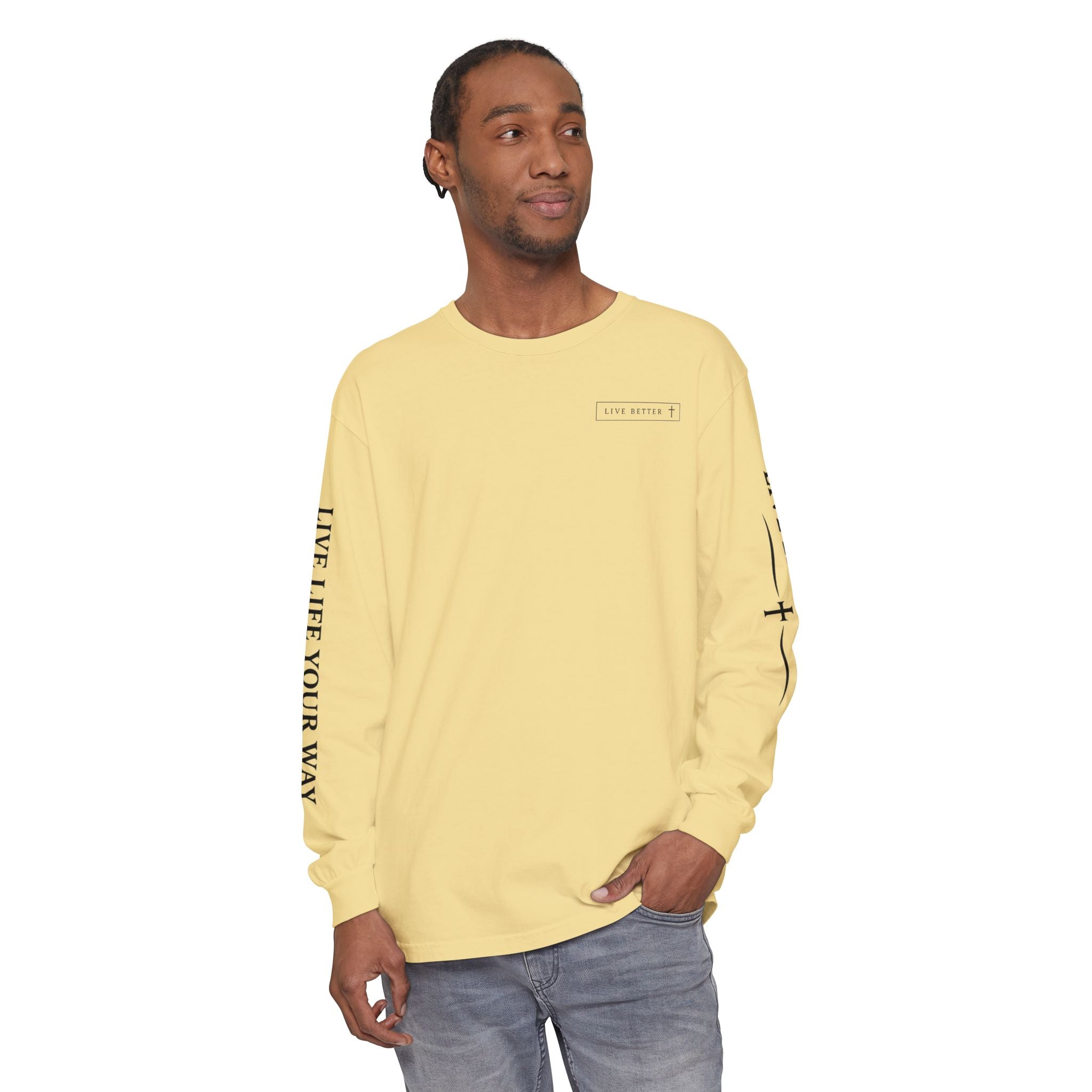 Camiseta de manga larga para hombre, "Vive la vida a tu manera", letras negras