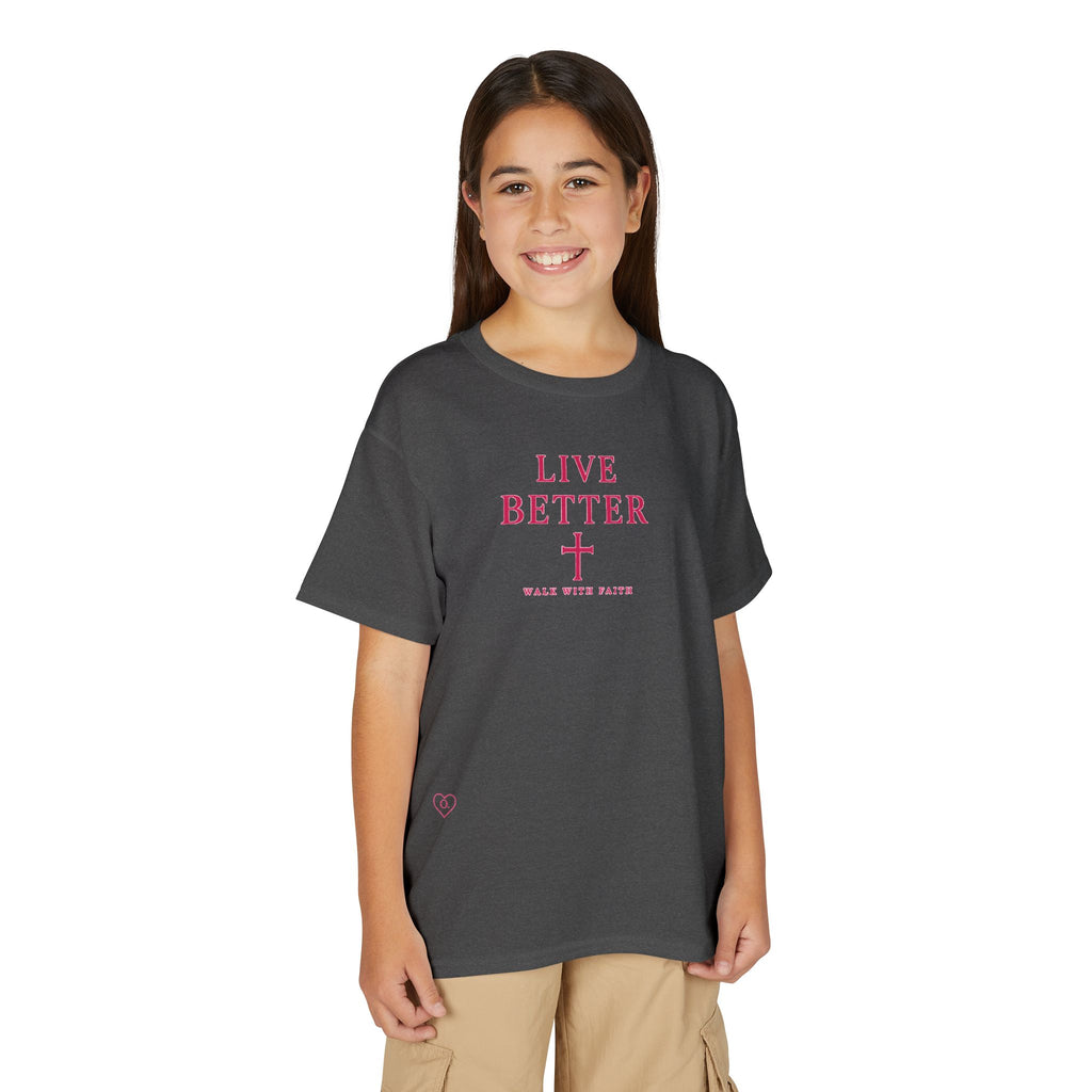 Camiseta juvenil — "Vive mejor, camina con fe" - Camiseta rosa con el lema "Fe"