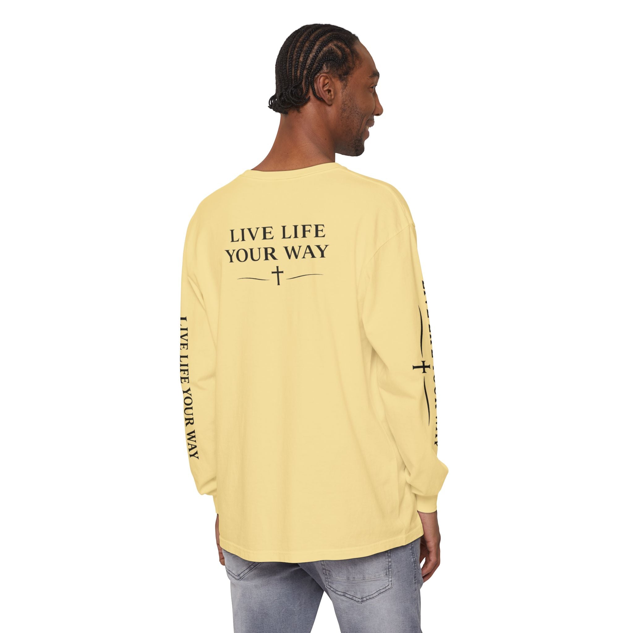 Camiseta de manga larga para hombre, "Vive la vida a tu manera", letras negras