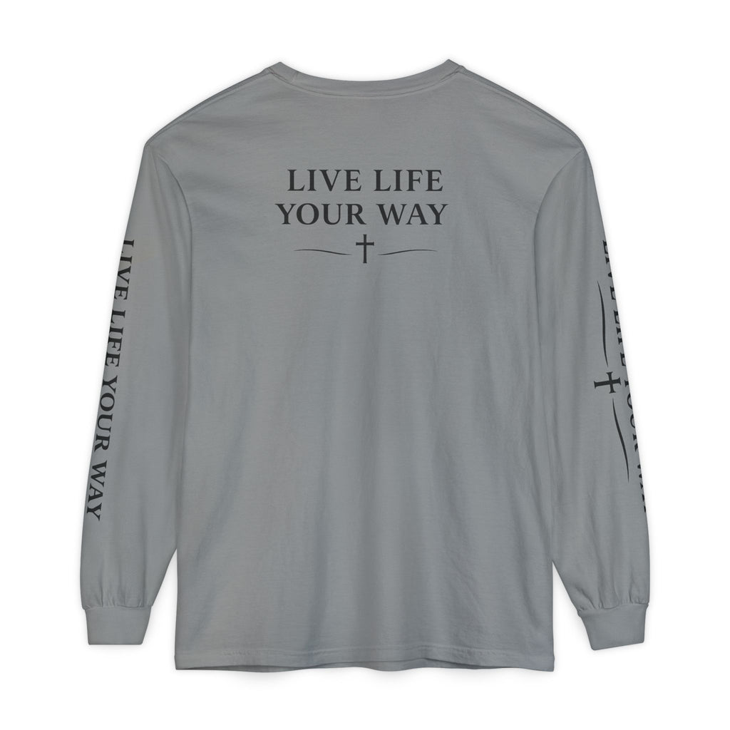 Camiseta de manga larga para hombre, "Vive la vida a tu manera", letras negras