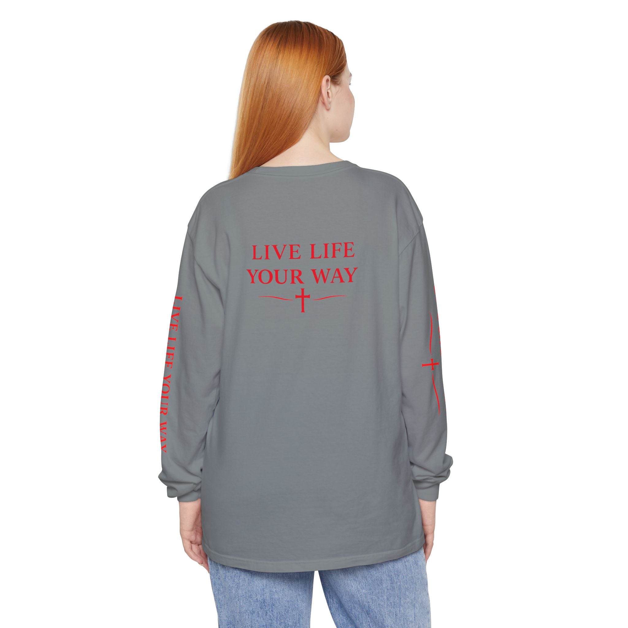 Camiseta de manga larga para hombre, Vive la vida a tu manera, Letras rojas