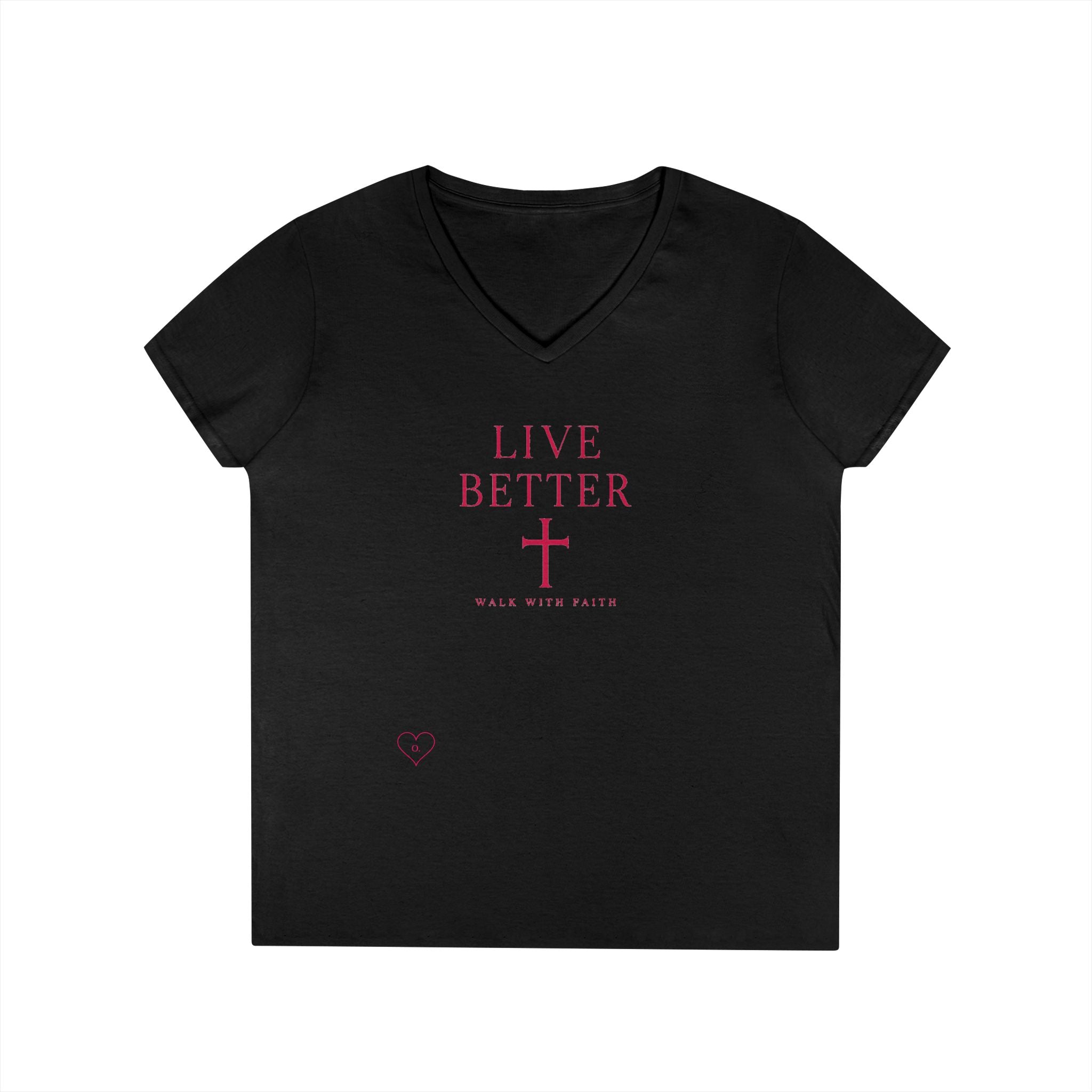 Camiseta de cuello de pico para mujer "Vive mejor, camina con fe" — Camiseta cristiana inspiradora femenina con cruz