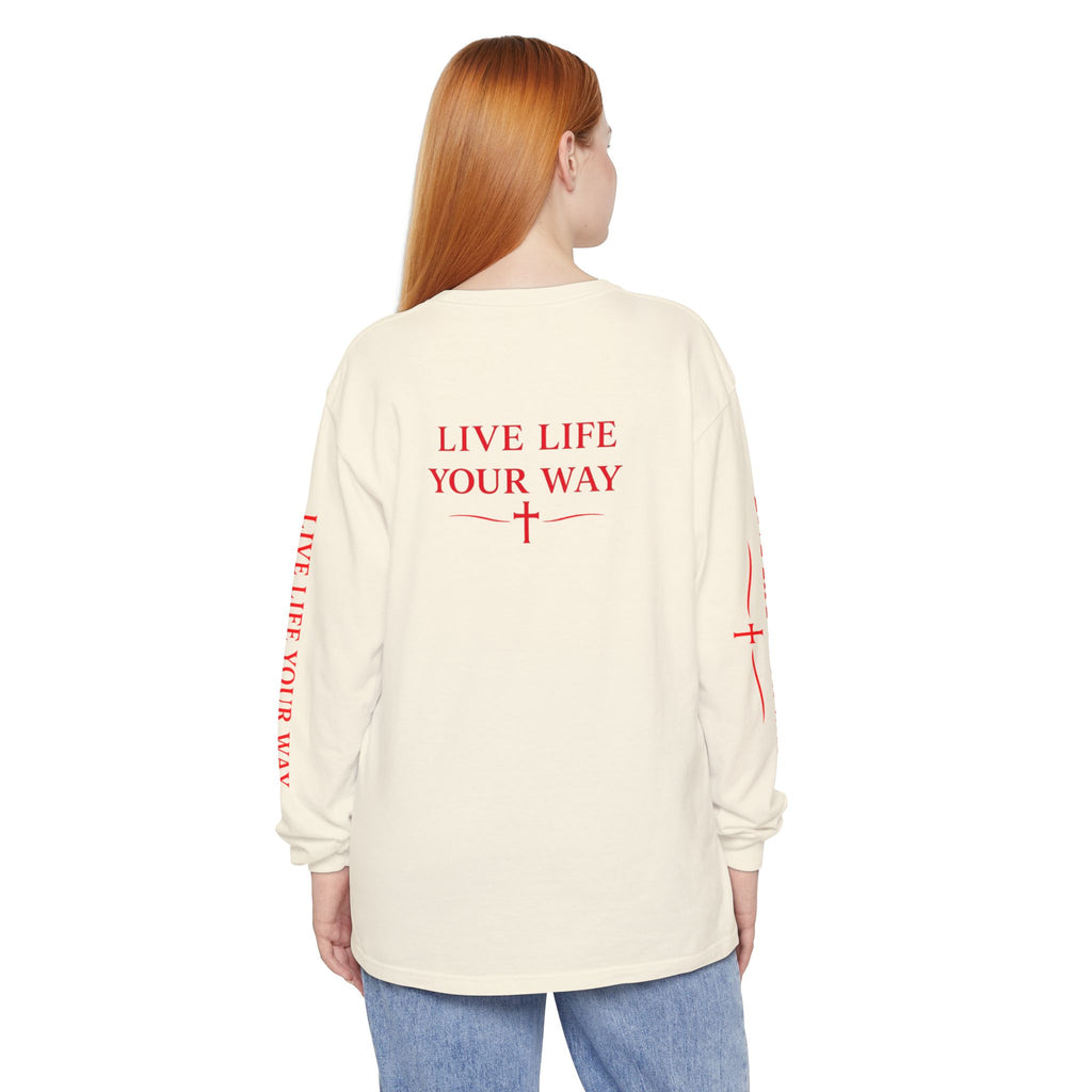 Camiseta de manga larga para hombre, Vive la vida a tu manera, Letras rojas