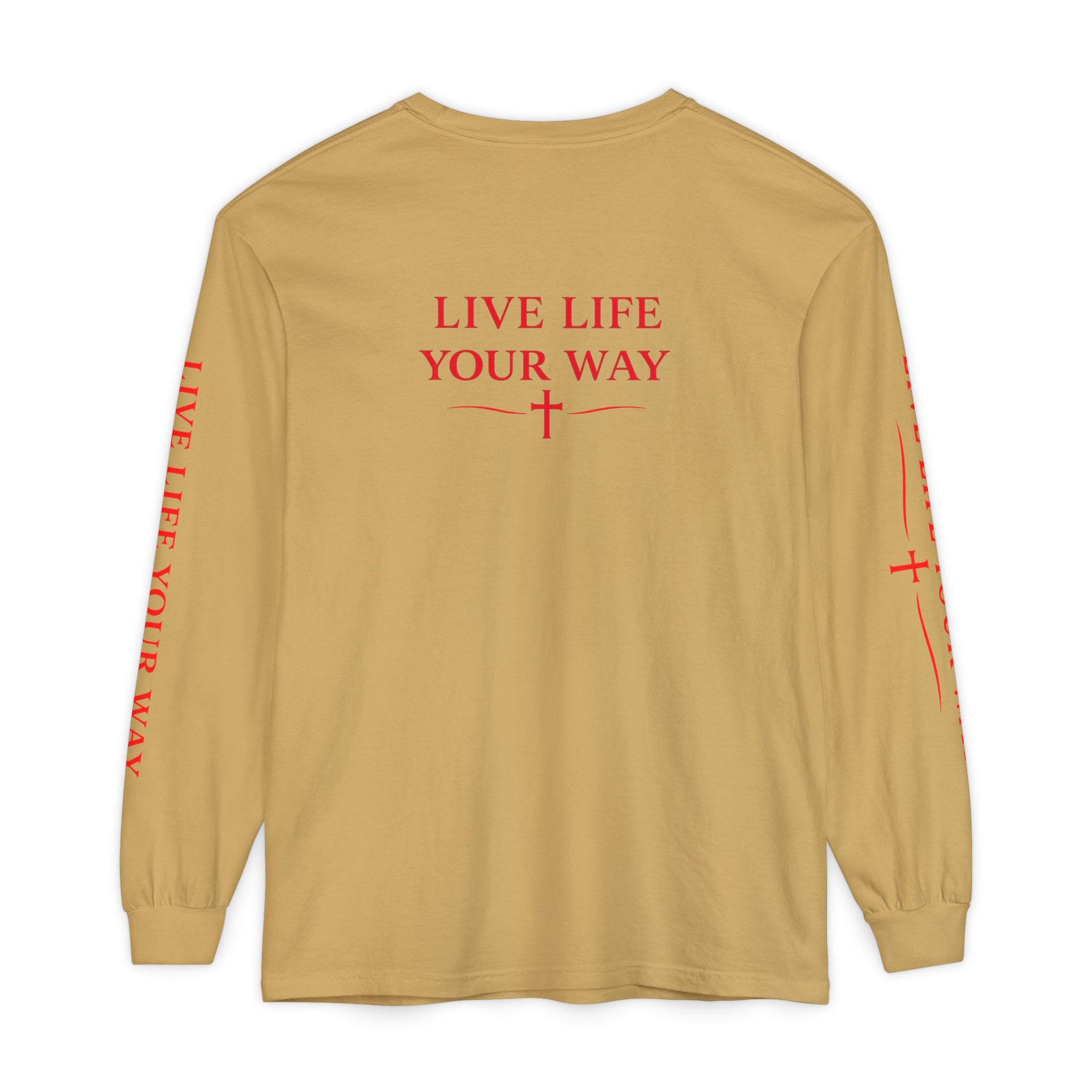 Camiseta de manga larga para hombre, Vive la vida a tu manera, Letras rojas