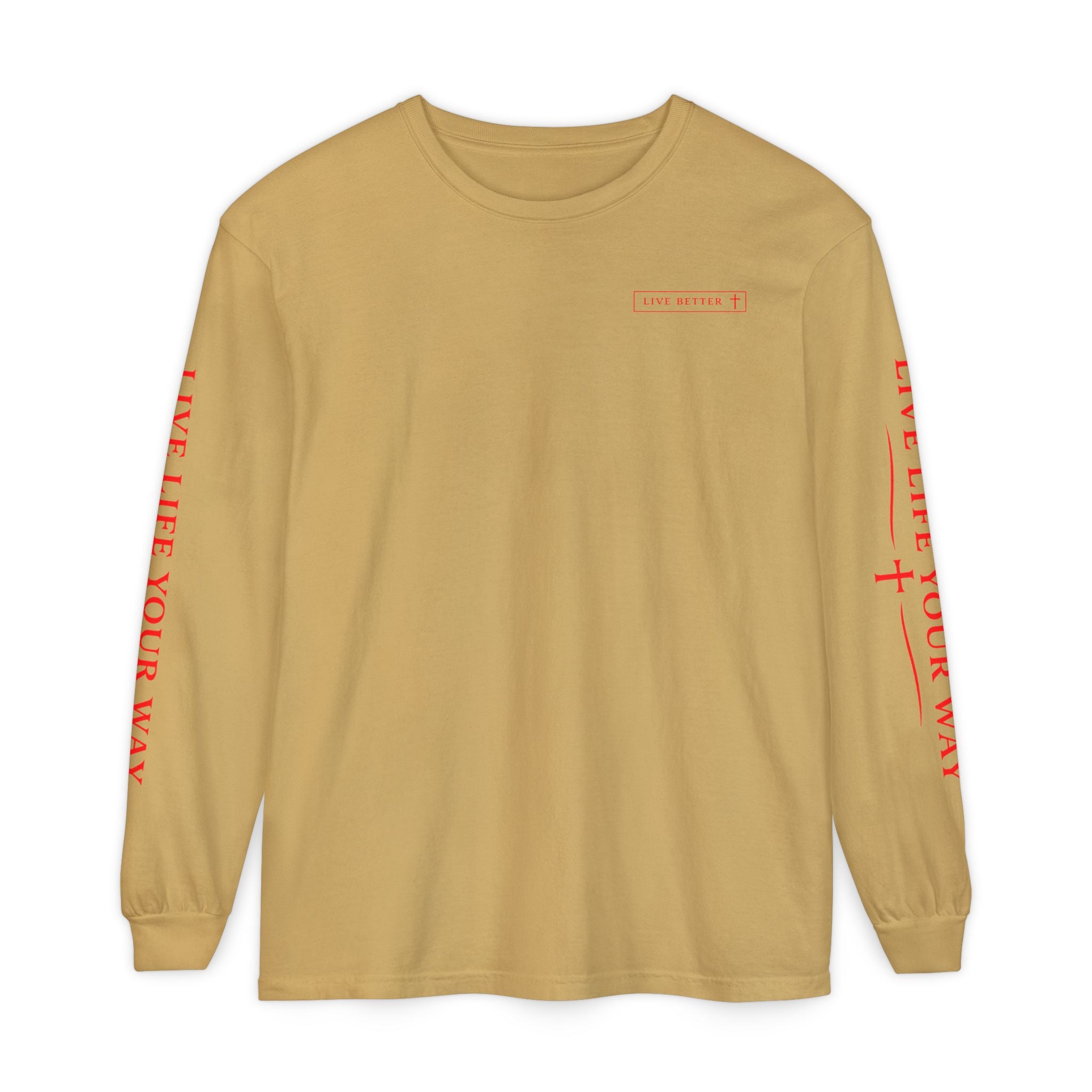 Camiseta de manga larga para hombre, Vive la vida a tu manera, Letras rojas
