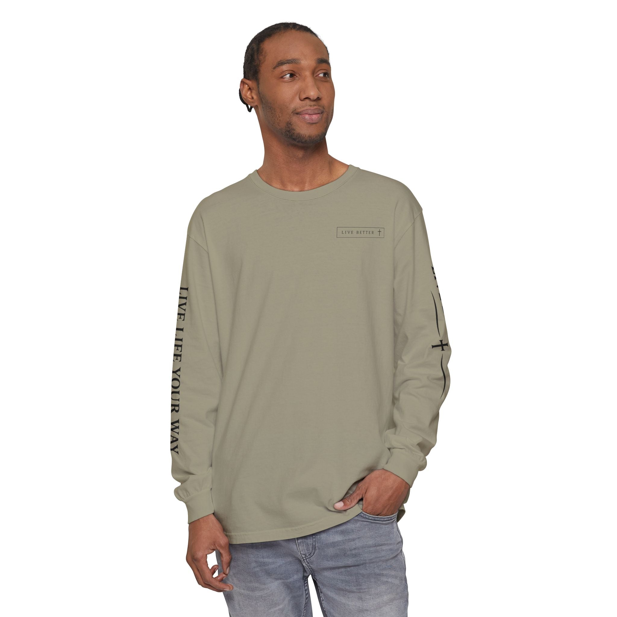 Camiseta de manga larga para hombre, "Vive la vida a tu manera", letras negras