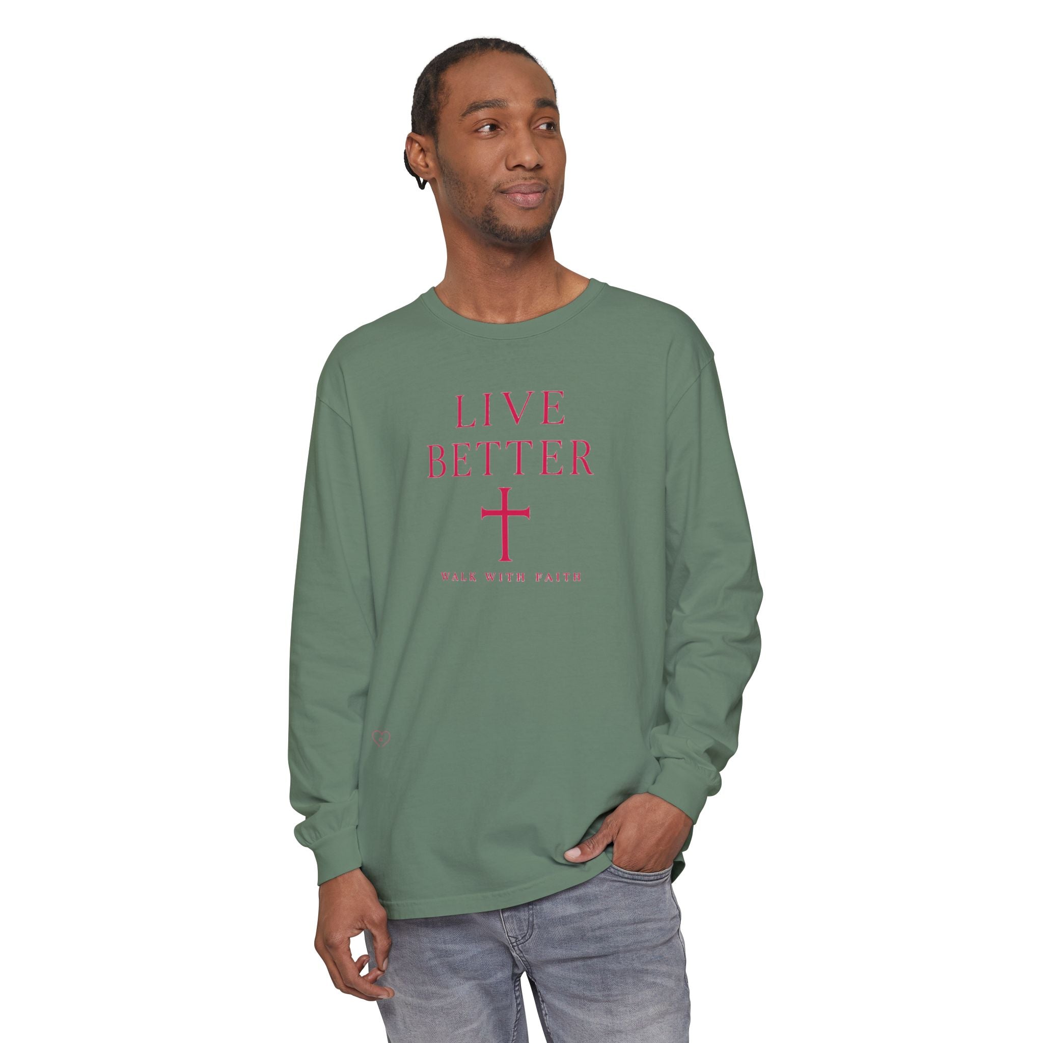 Camiseta de manga larga unisex con cruz "Vive Mejor" — Camiseta cristiana "Camina con fe"