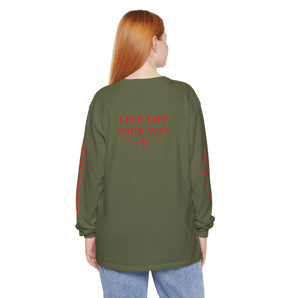 Camiseta de manga larga para hombre, Vive la vida a tu manera, Letras rojas