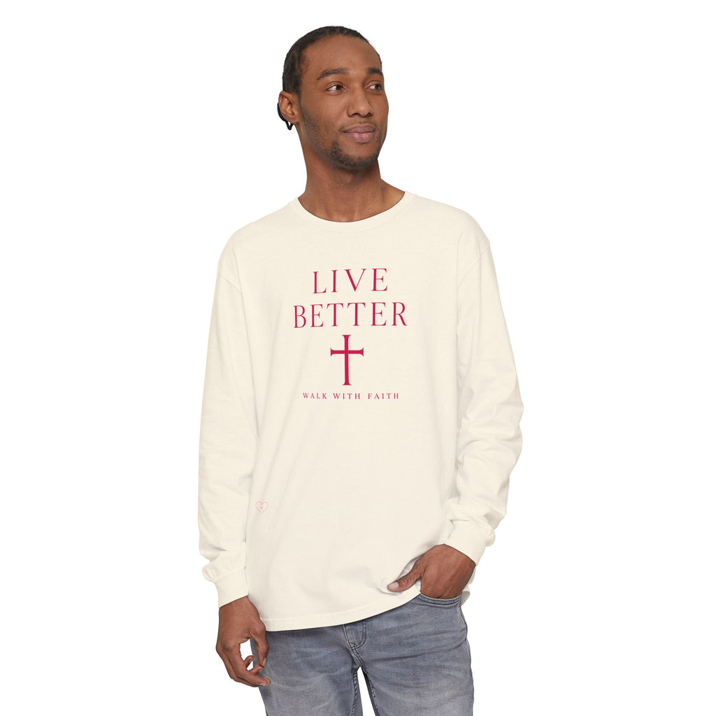 Camiseta de manga larga unisex con cruz "Vive Mejor" — Camiseta cristiana "Camina con fe"