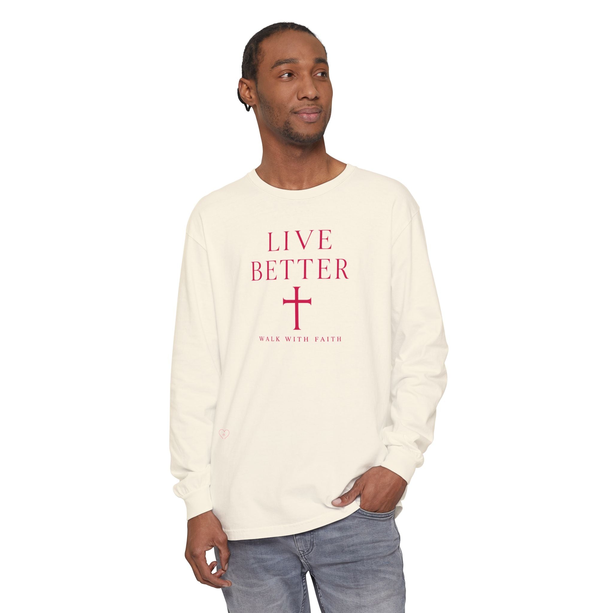 Camiseta de manga larga unisex con cruz "Vive Mejor" — Camiseta cristiana "Camina con fe"