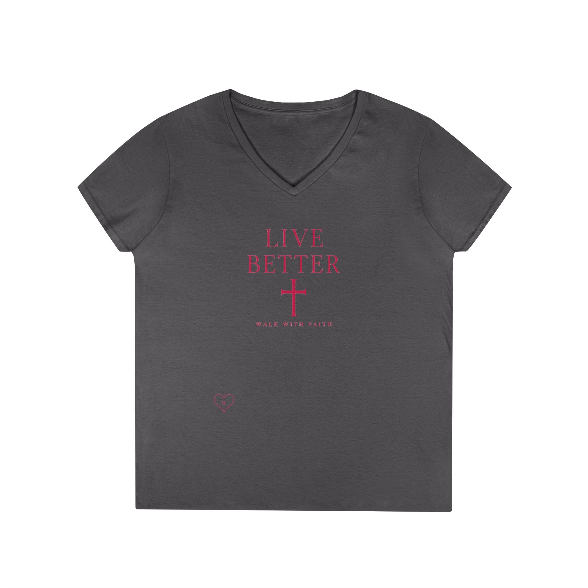 Camiseta de cuello de pico para mujer "Vive mejor, camina con fe" — Camiseta cristiana inspiradora femenina con cruz