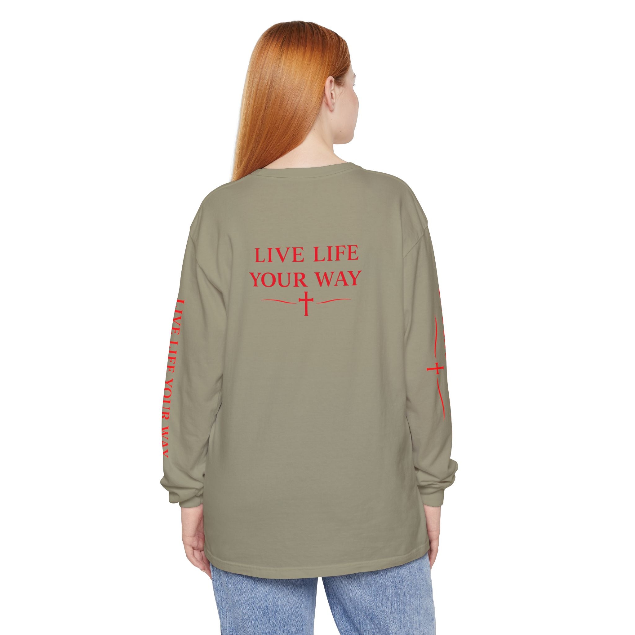 Camiseta de manga larga para hombre, Vive la vida a tu manera, Letras rojas