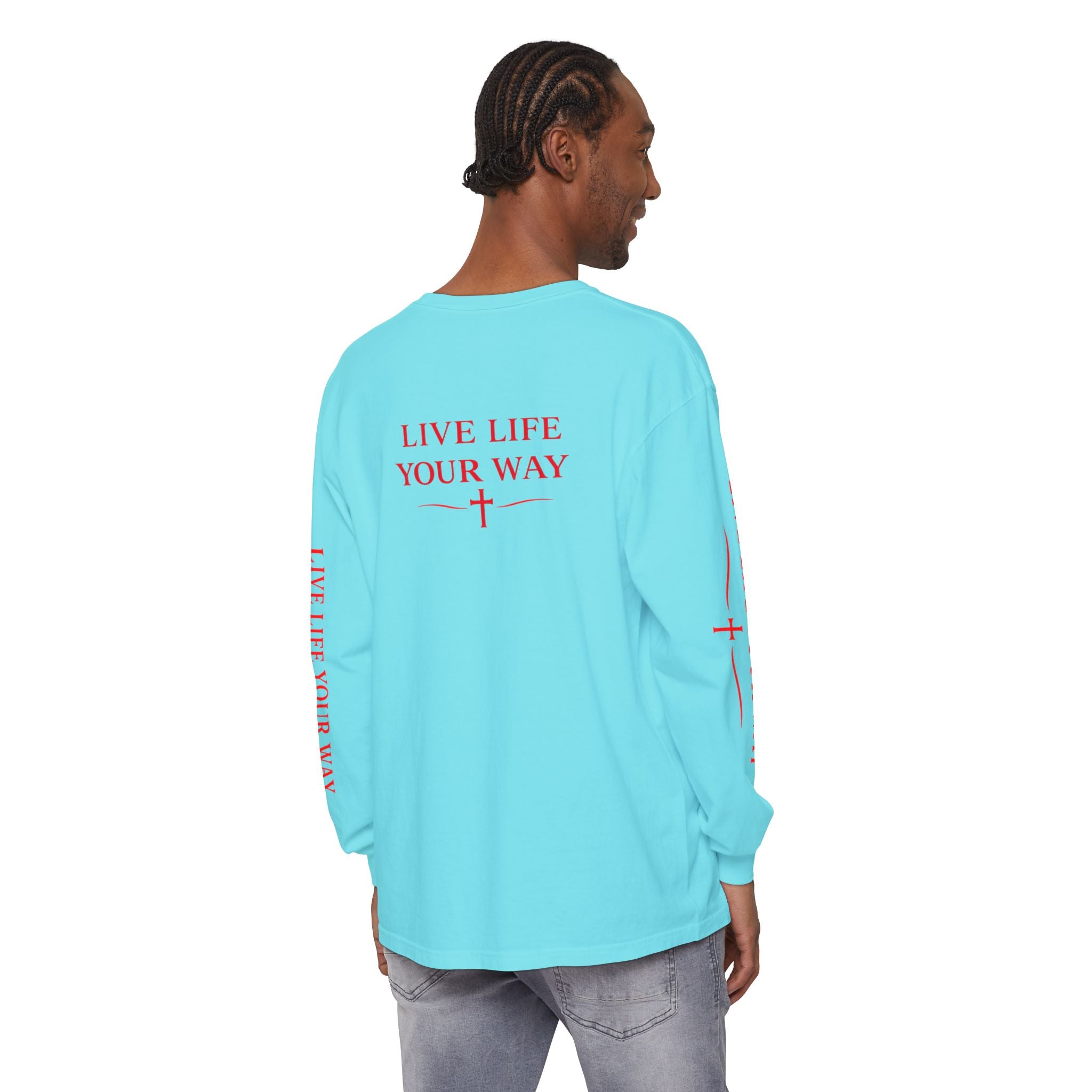 Camiseta de manga larga para hombre, Vive la vida a tu manera, Letras rojas