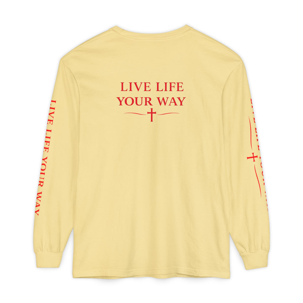 Camiseta de manga larga para hombre, Vive la vida a tu manera, Letras rojas