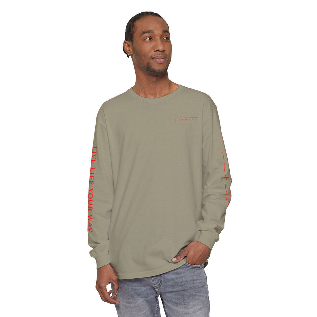 Camiseta de manga larga para hombre, Vive la vida a tu manera, Letras rojas