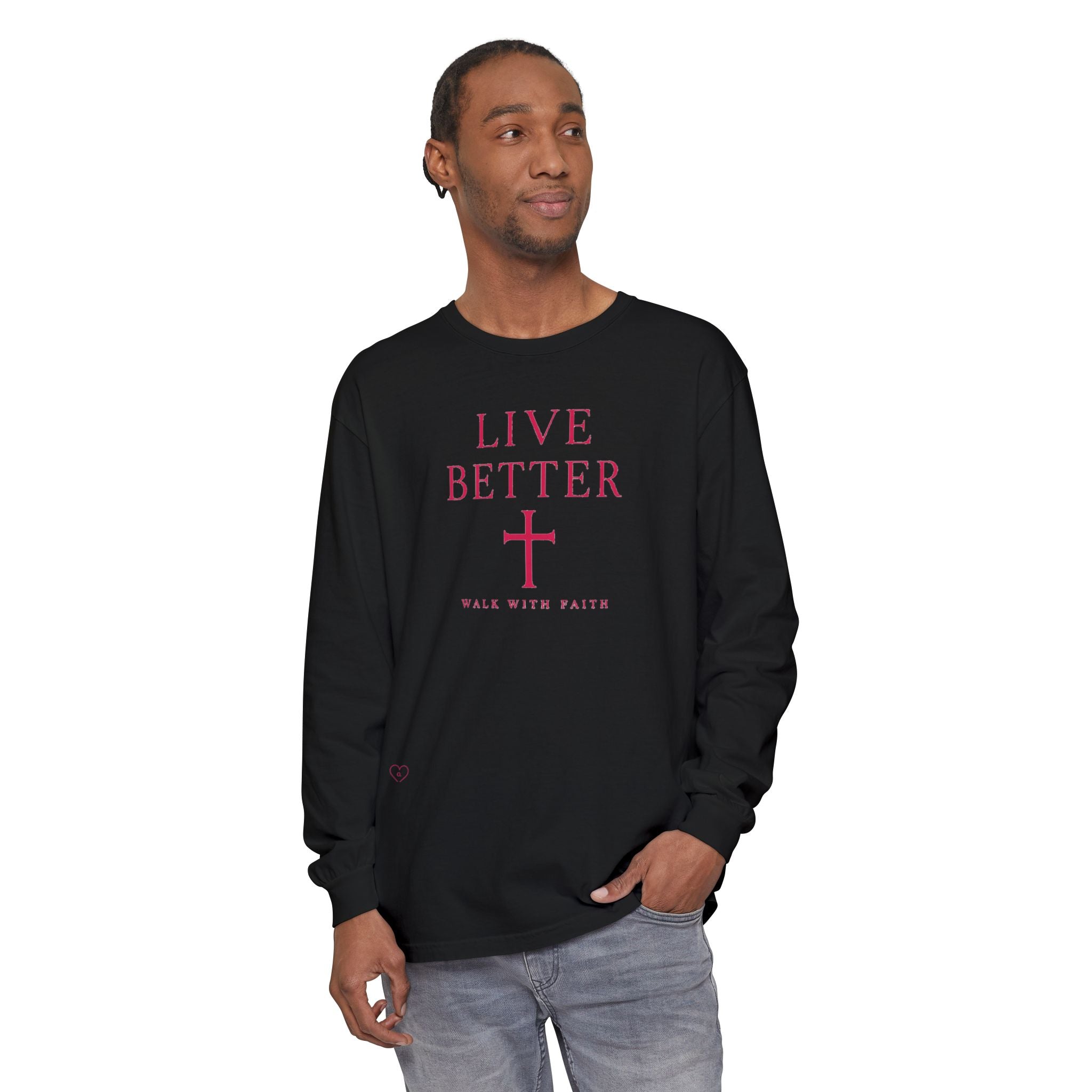 Camiseta de manga larga unisex con cruz "Vive Mejor" — Camiseta cristiana "Camina con fe"