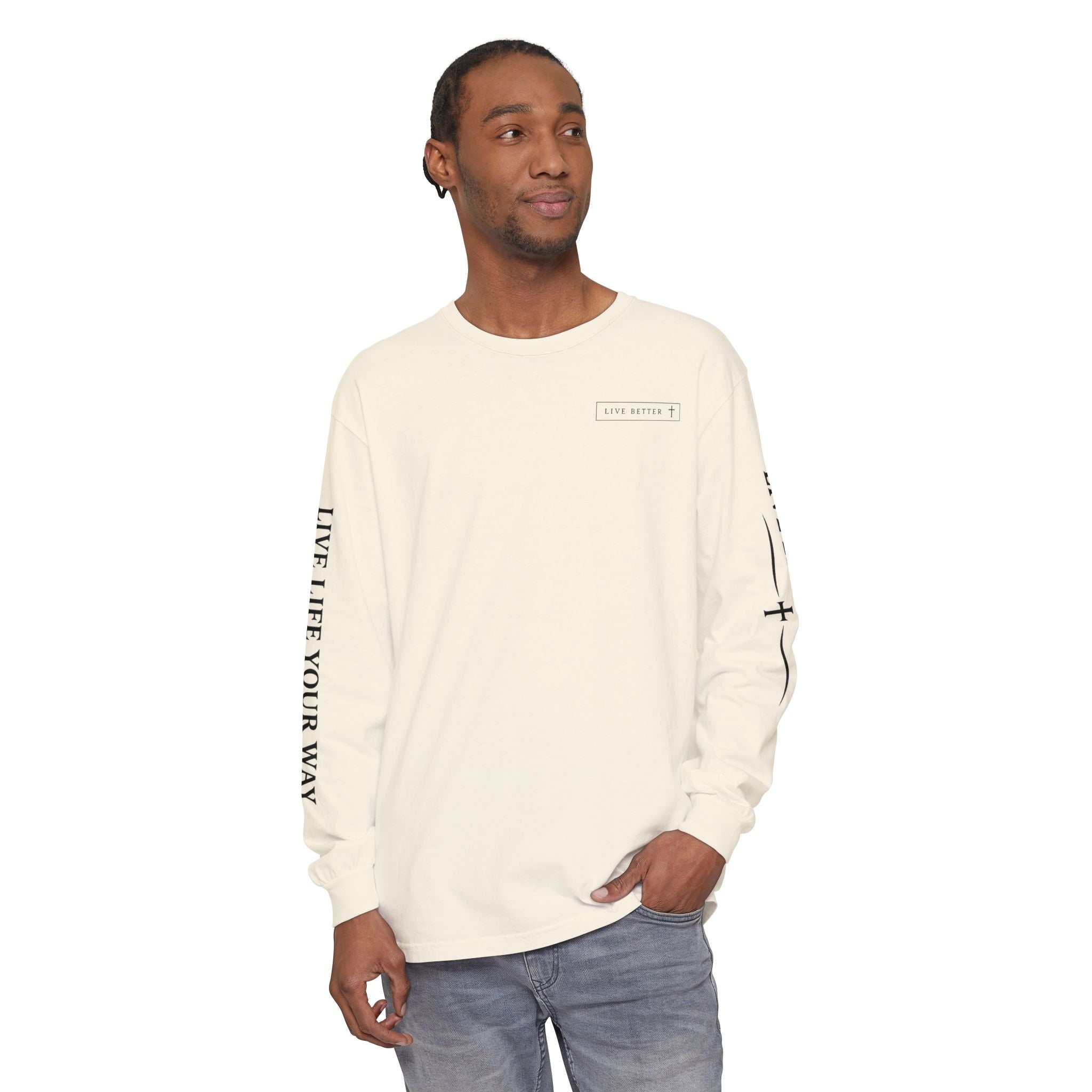 Camiseta de manga larga para hombre, "Vive la vida a tu manera", letras negras