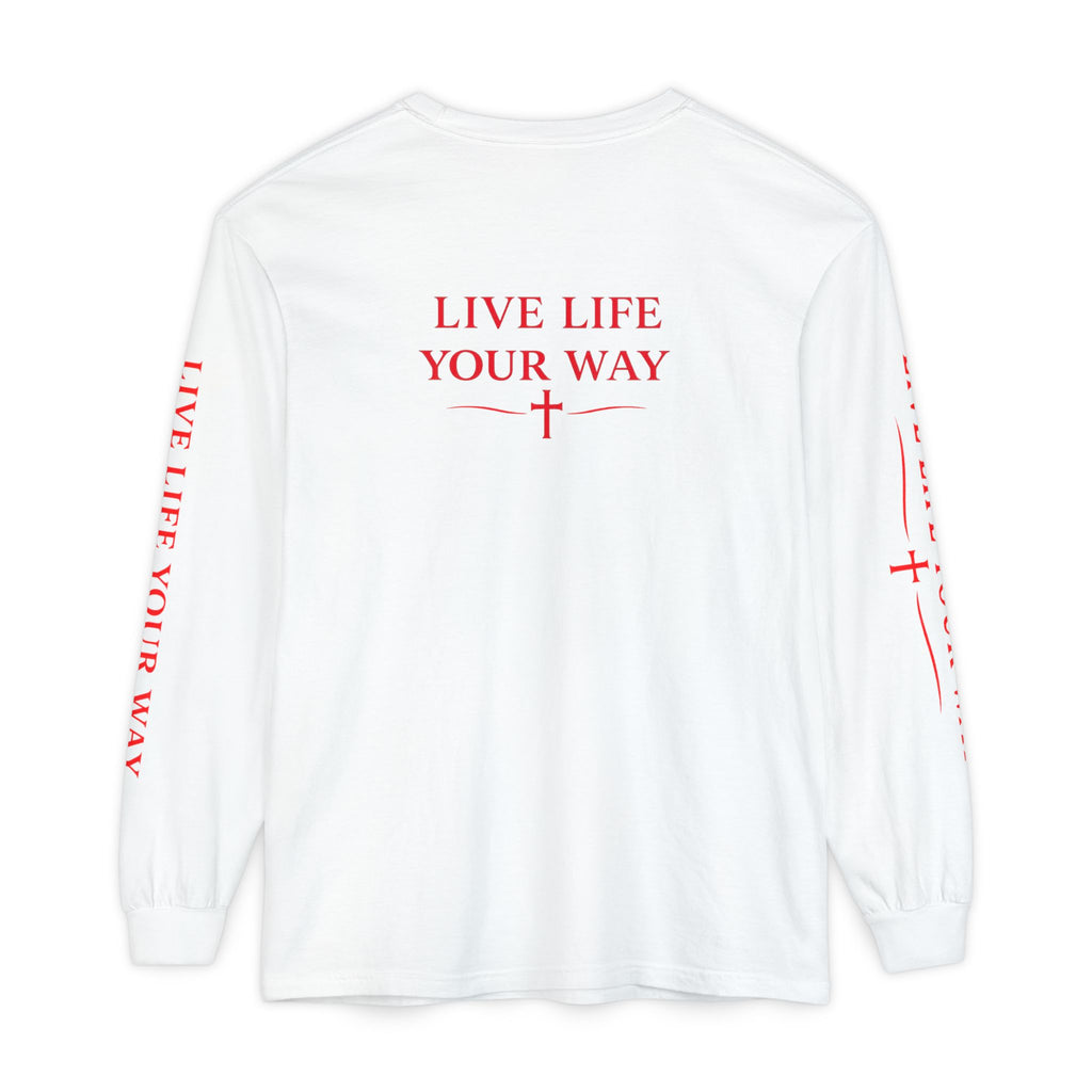 Camiseta de manga larga para hombre, Vive la vida a tu manera, Letras rojas
