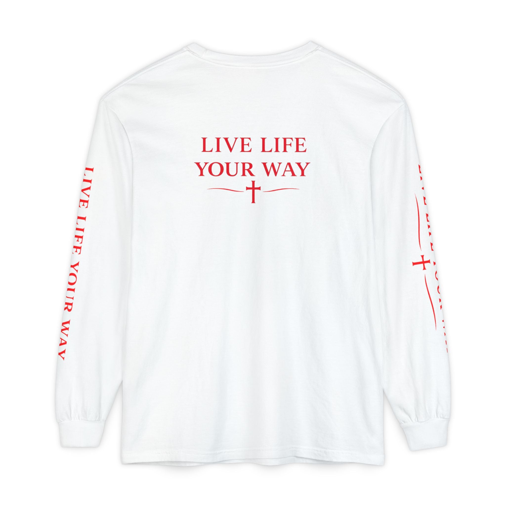 Camiseta de manga larga para hombre, Vive la vida a tu manera, Letras rojas