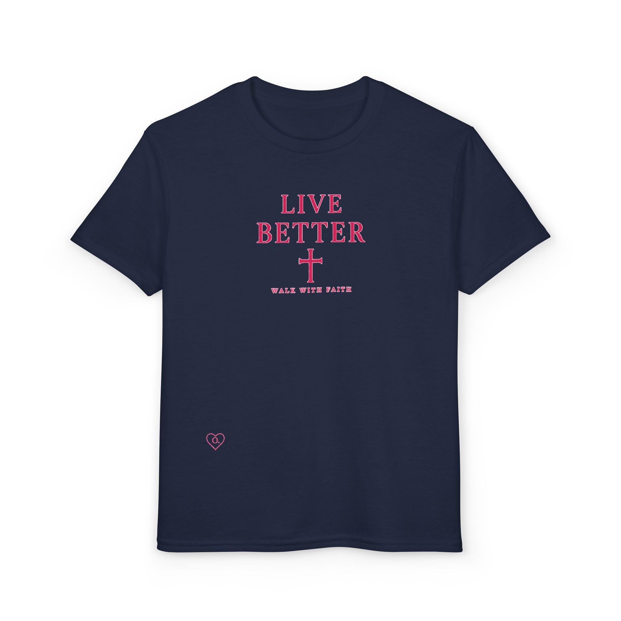 Camiseta juvenil — "Vive mejor, camina con fe" - Camiseta rosa con el lema "Fe"