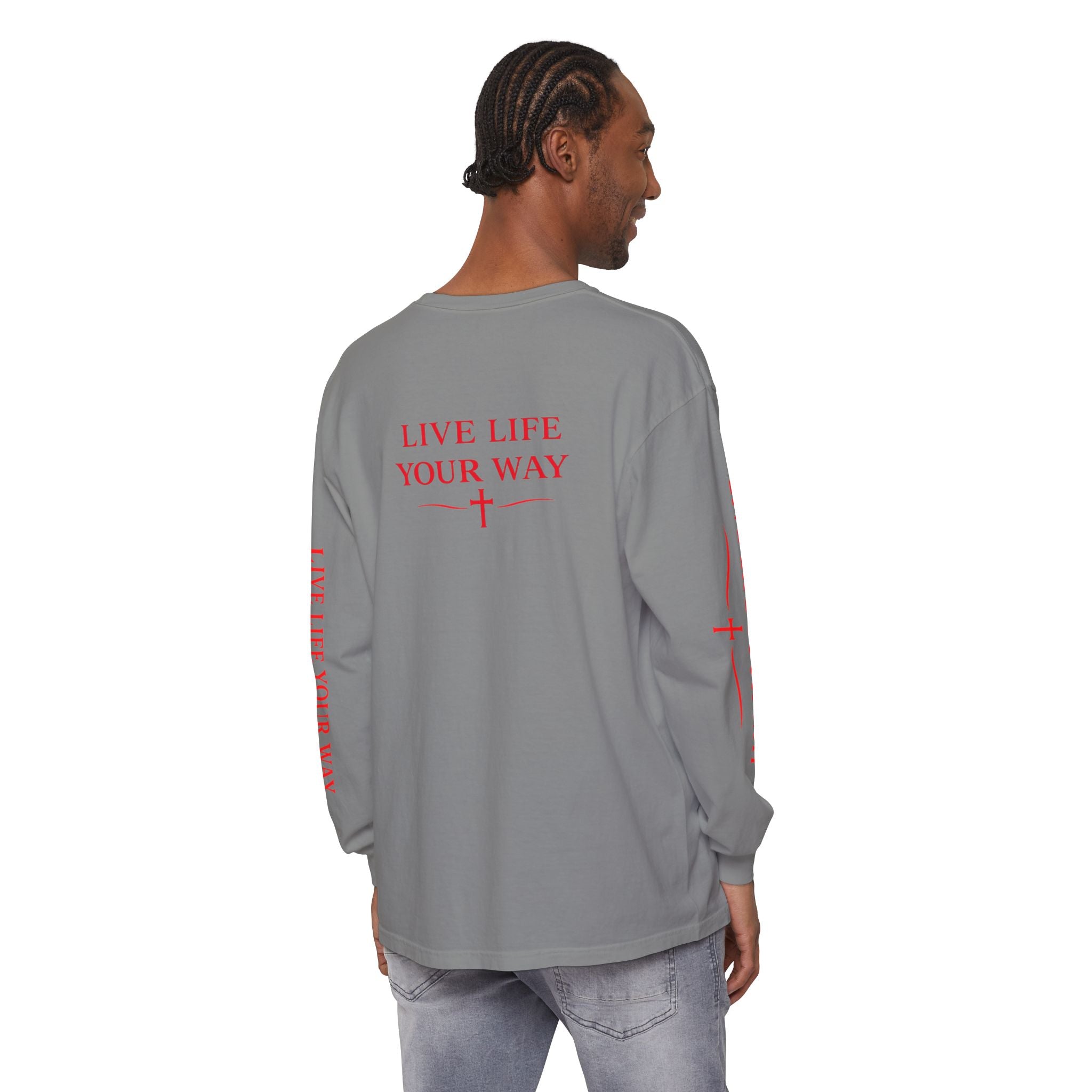 Camiseta de manga larga para hombre, Vive la vida a tu manera, Letras rojas