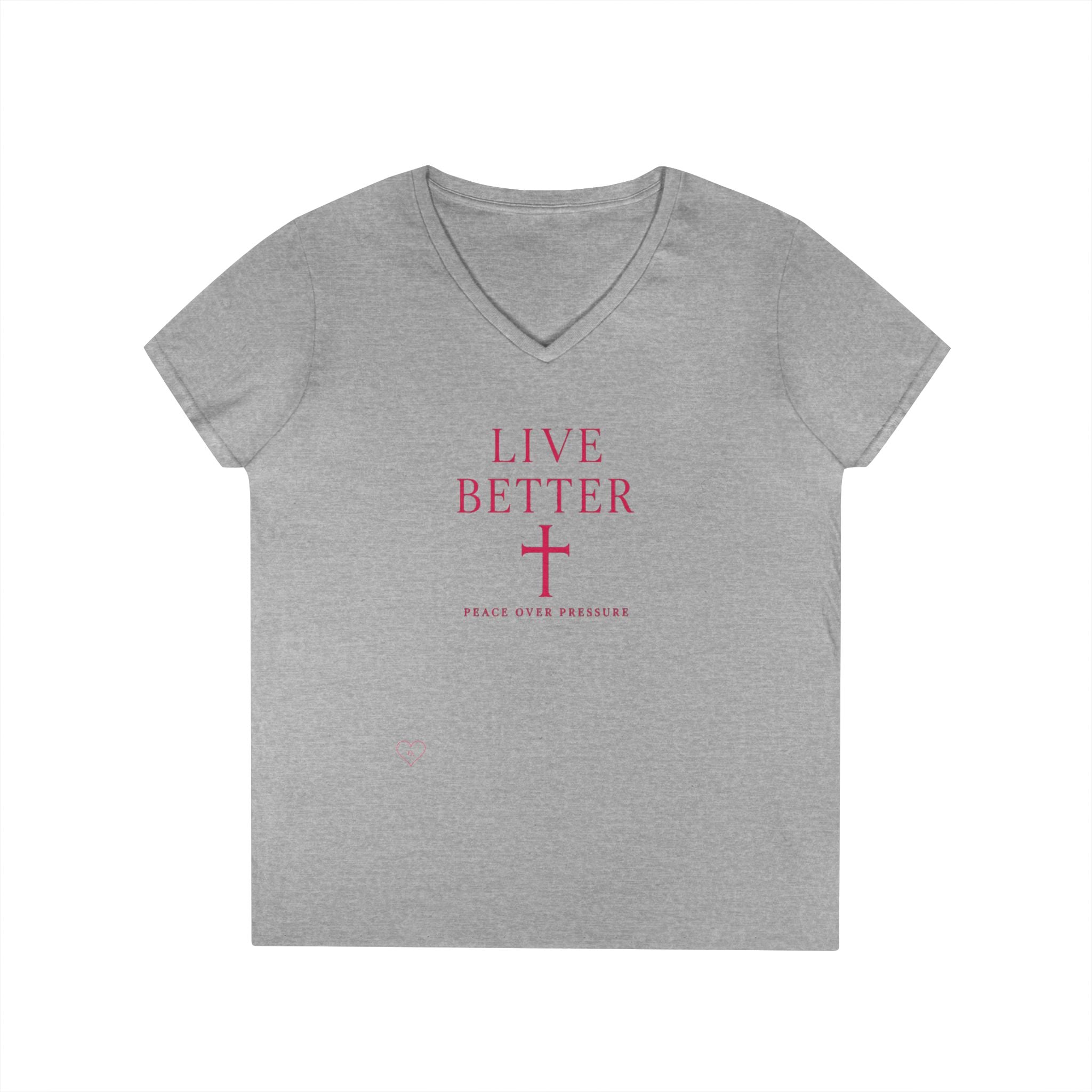 Camiseta de mujer con cuello en V "Live Better Peace Over Pressure" — Camiseta cristiana inspiradora femenina con cruz