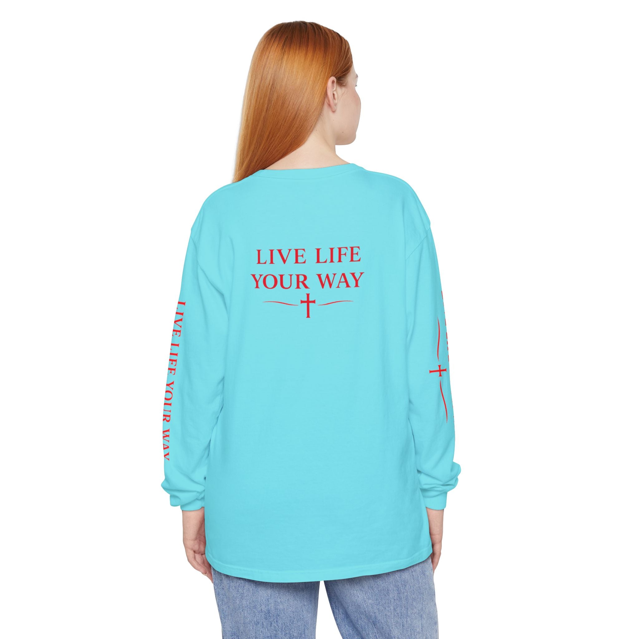 Camiseta de manga larga para hombre, Vive la vida a tu manera, Letras rojas