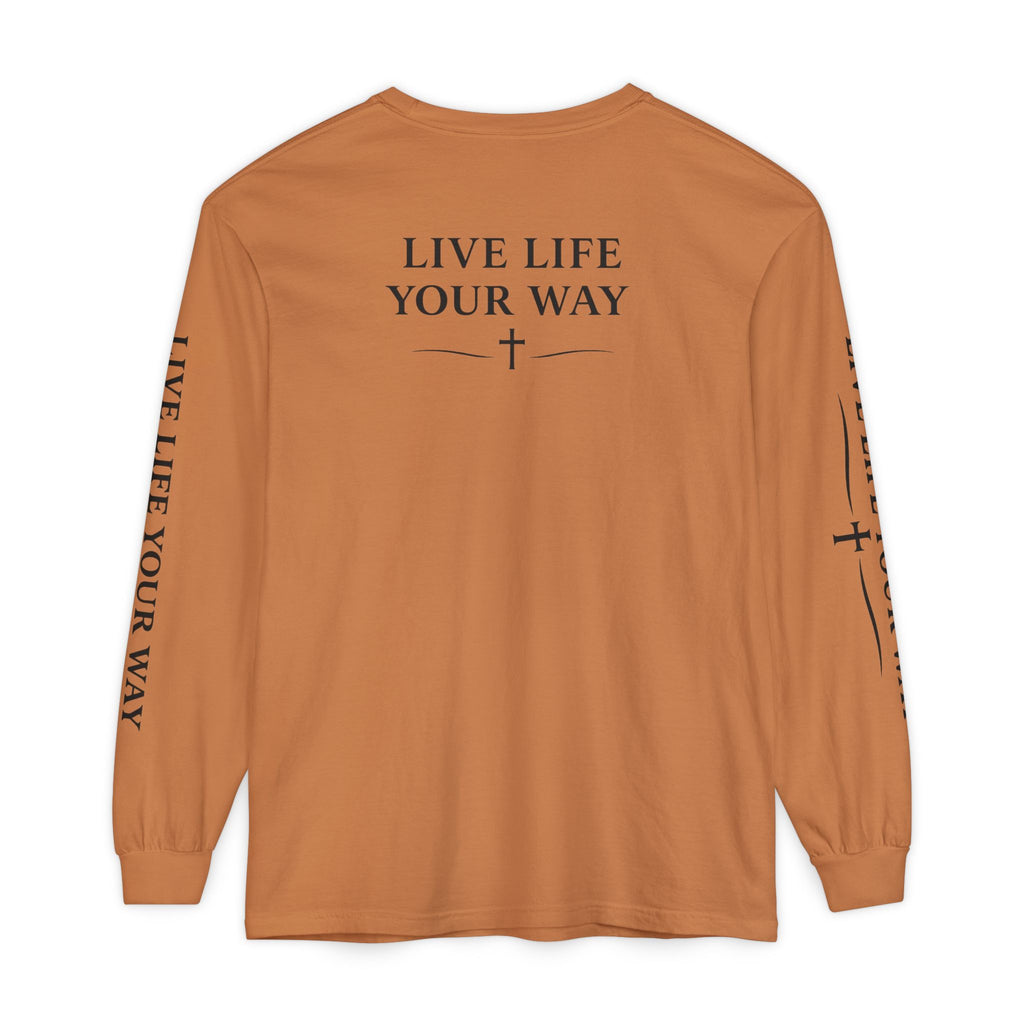 Camiseta de manga larga para hombre, "Vive la vida a tu manera", letras negras