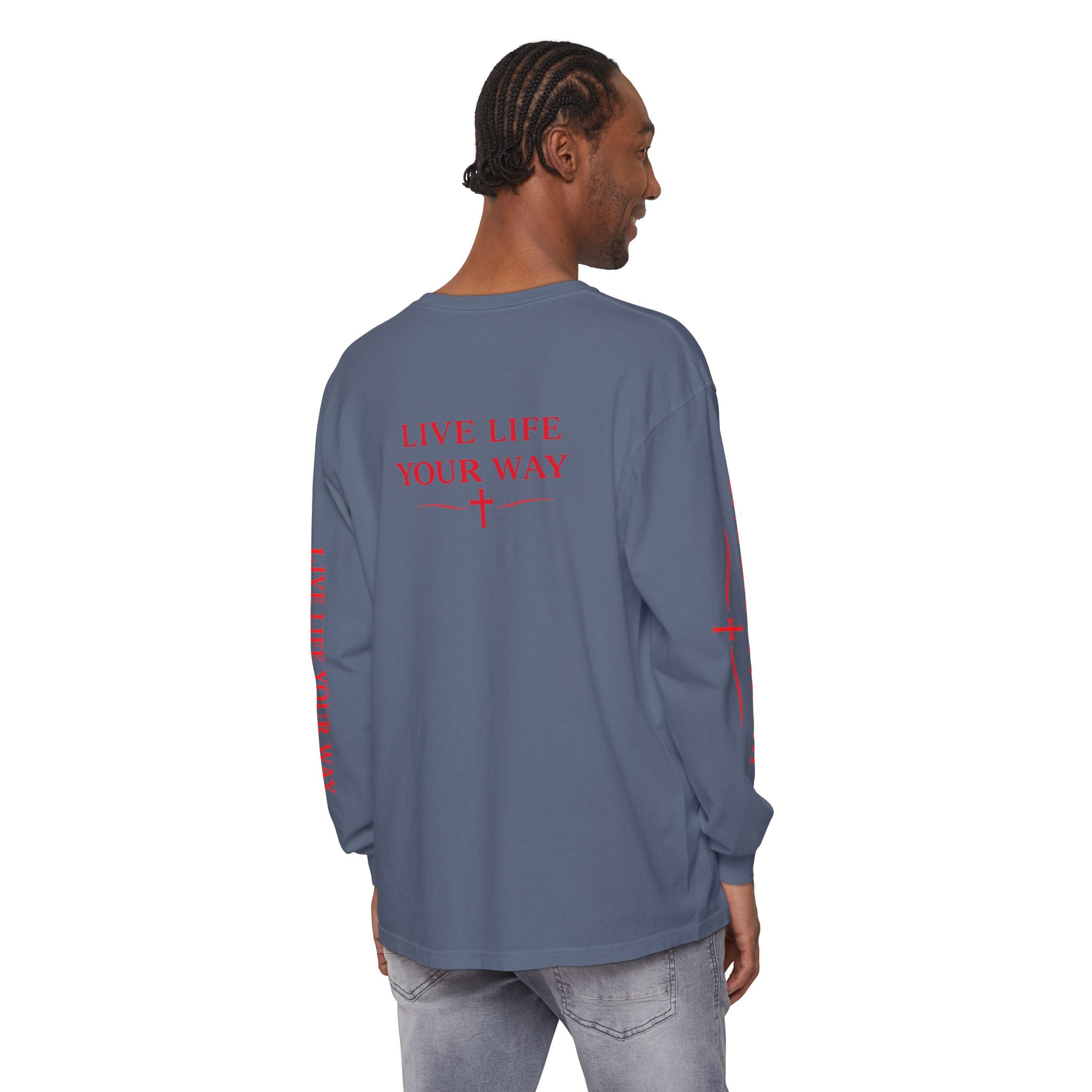 Camiseta de manga larga para hombre, Vive la vida a tu manera, Letras rojas