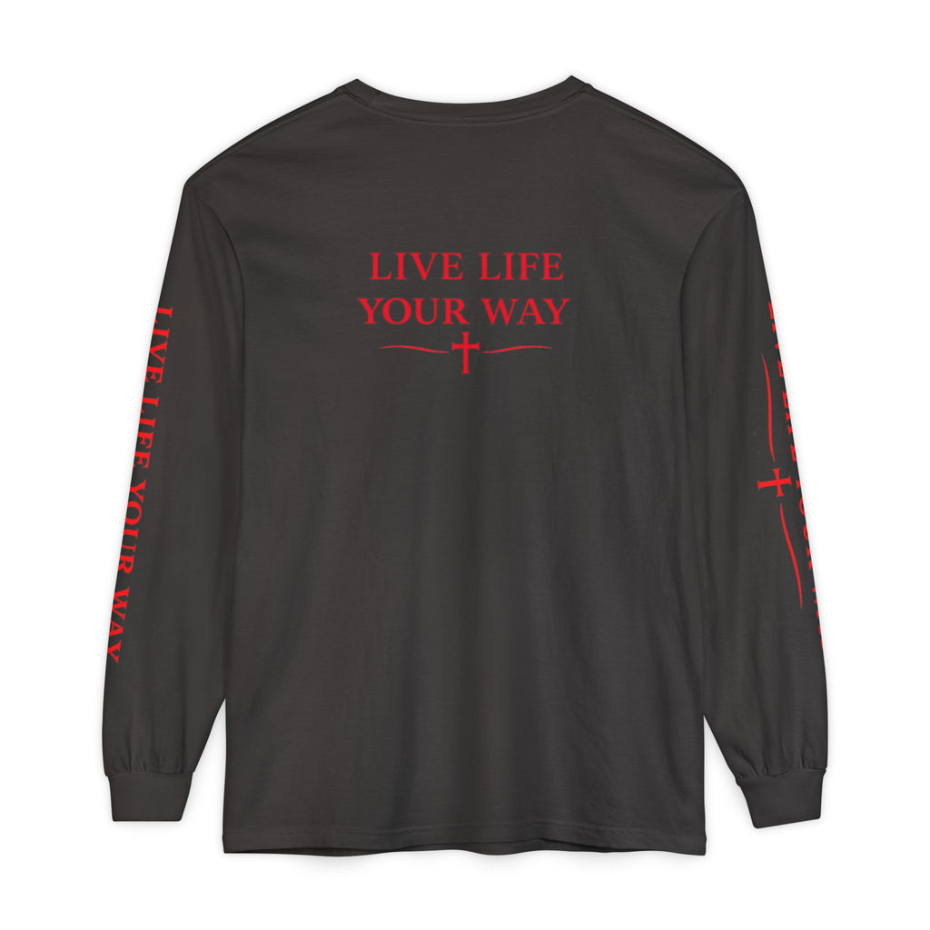 Camiseta de manga larga para hombre, Vive la vida a tu manera, Letras rojas