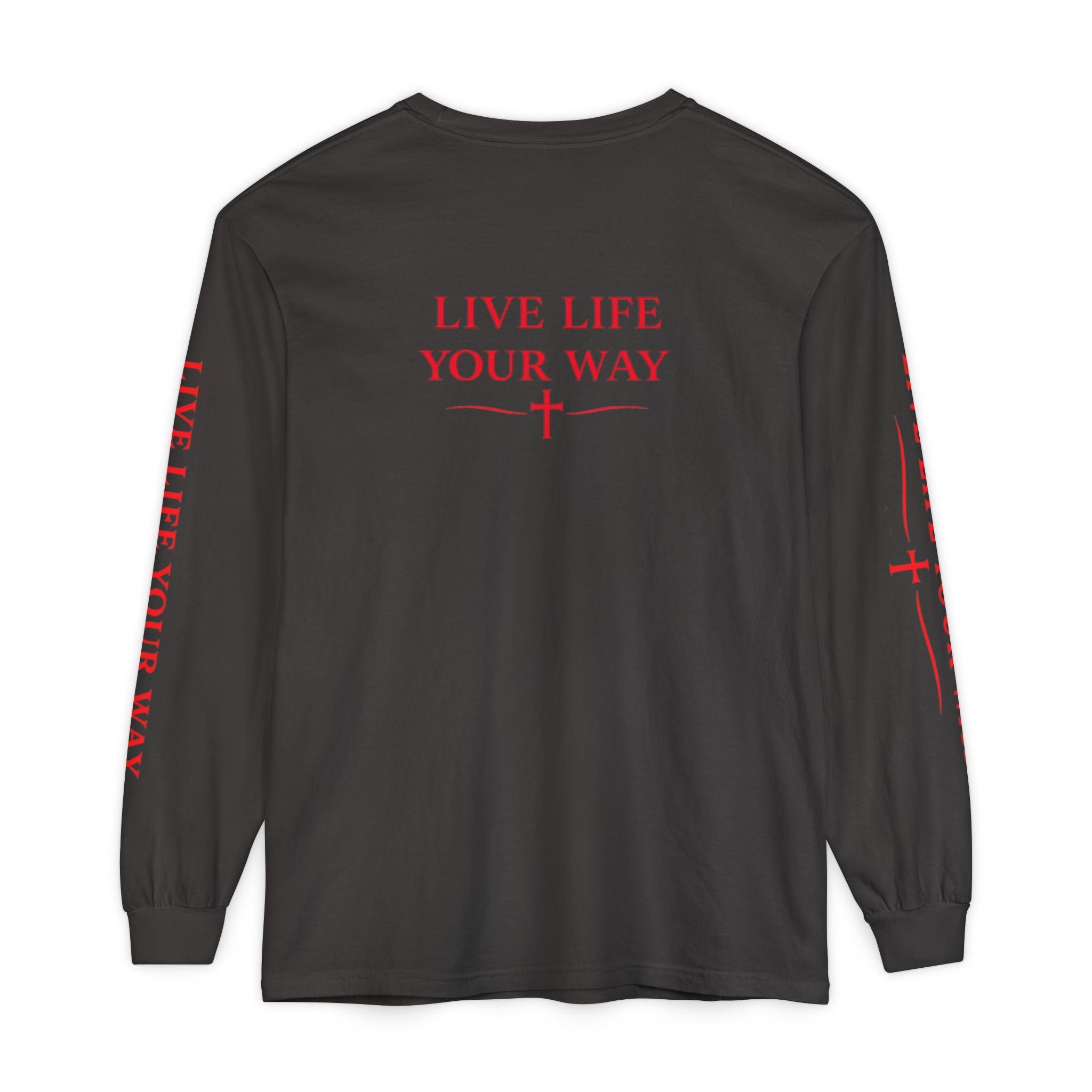 Camiseta de manga larga para hombre, Vive la vida a tu manera, Letras rojas