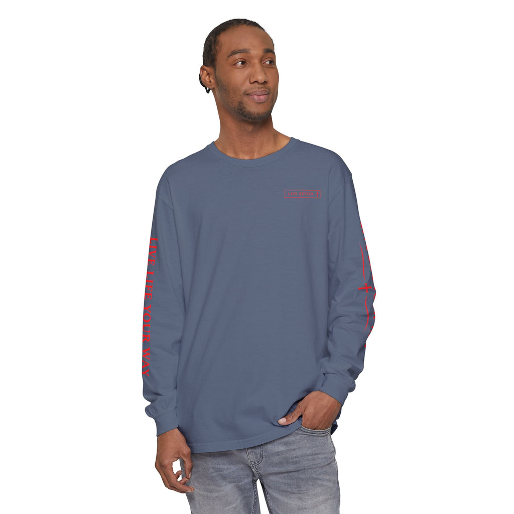 Camiseta de manga larga para hombre, Vive la vida a tu manera, Letras rojas