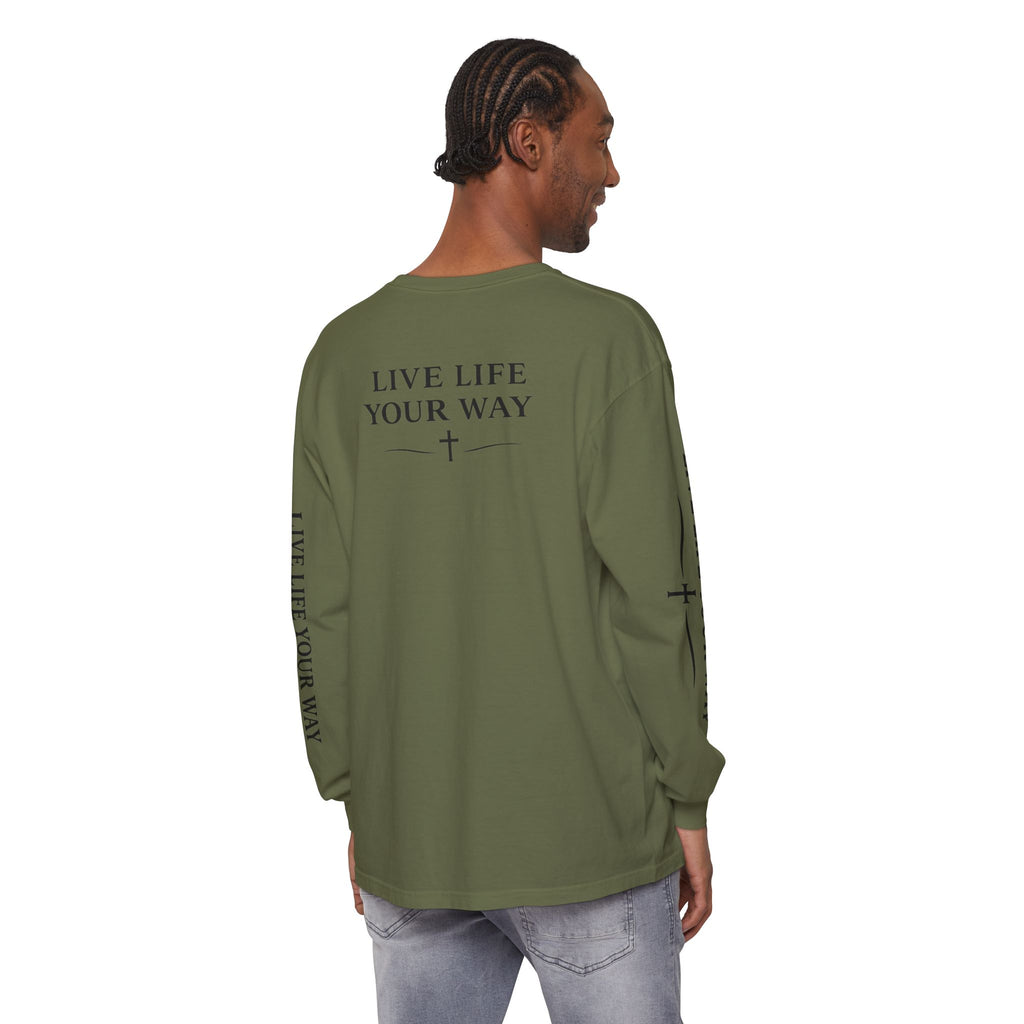 Camiseta de manga larga para hombre, "Vive la vida a tu manera", letras negras