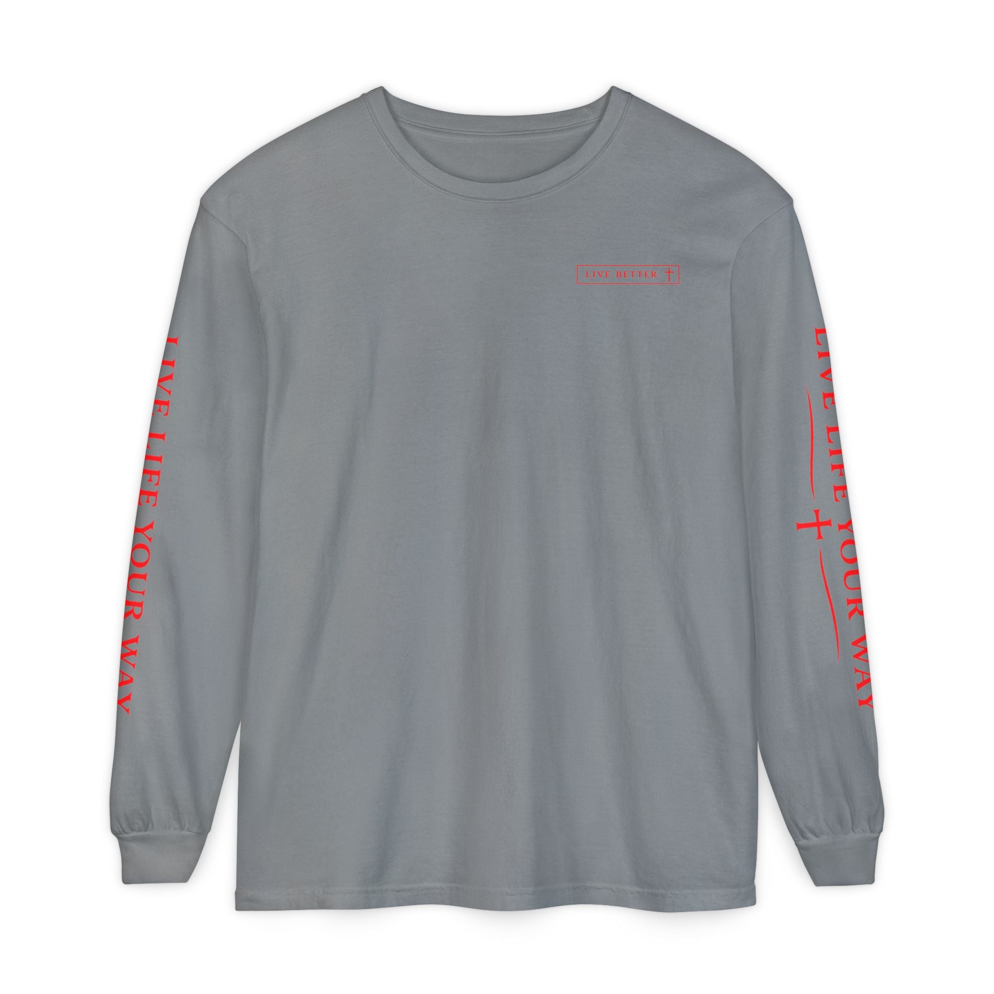 Camiseta de manga larga para hombre, Vive la vida a tu manera, Letras rojas