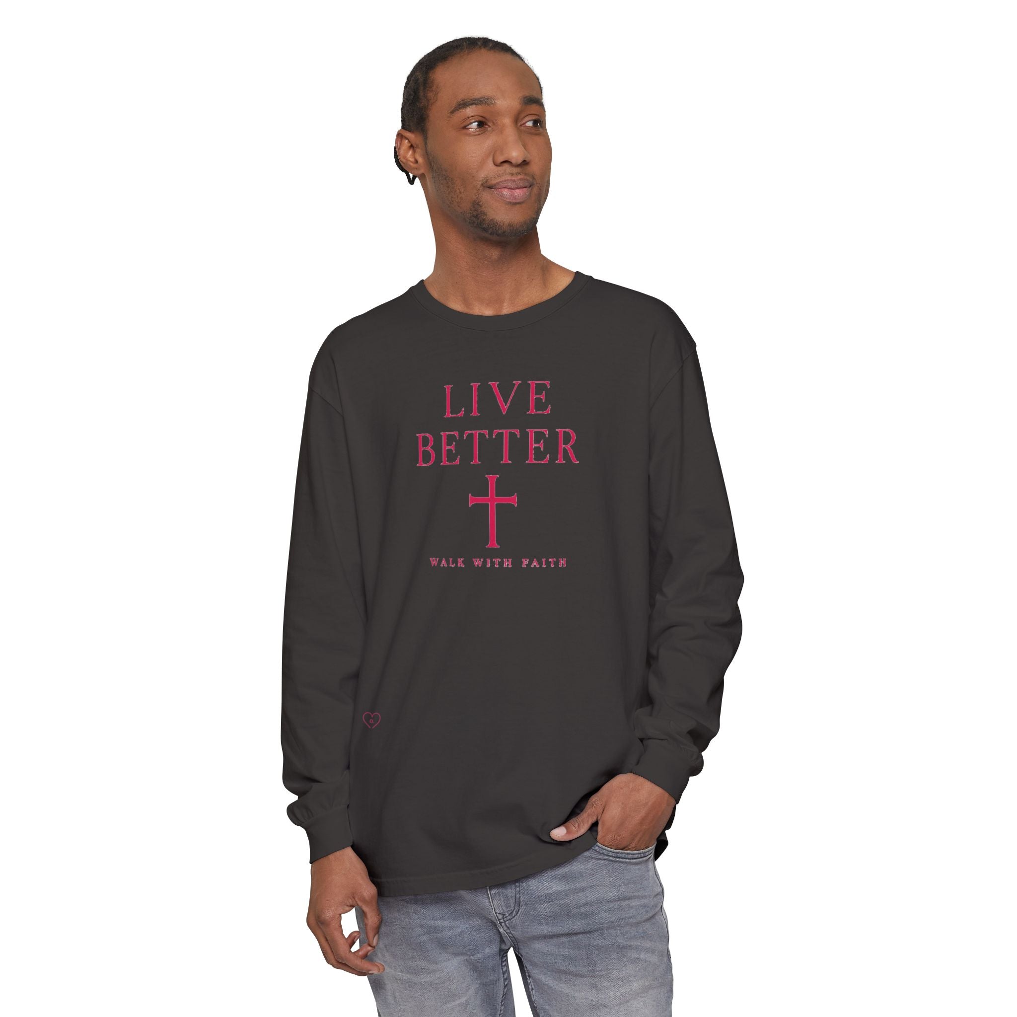 Camiseta de manga larga unisex con cruz "Vive Mejor" — Camiseta cristiana "Camina con fe"
