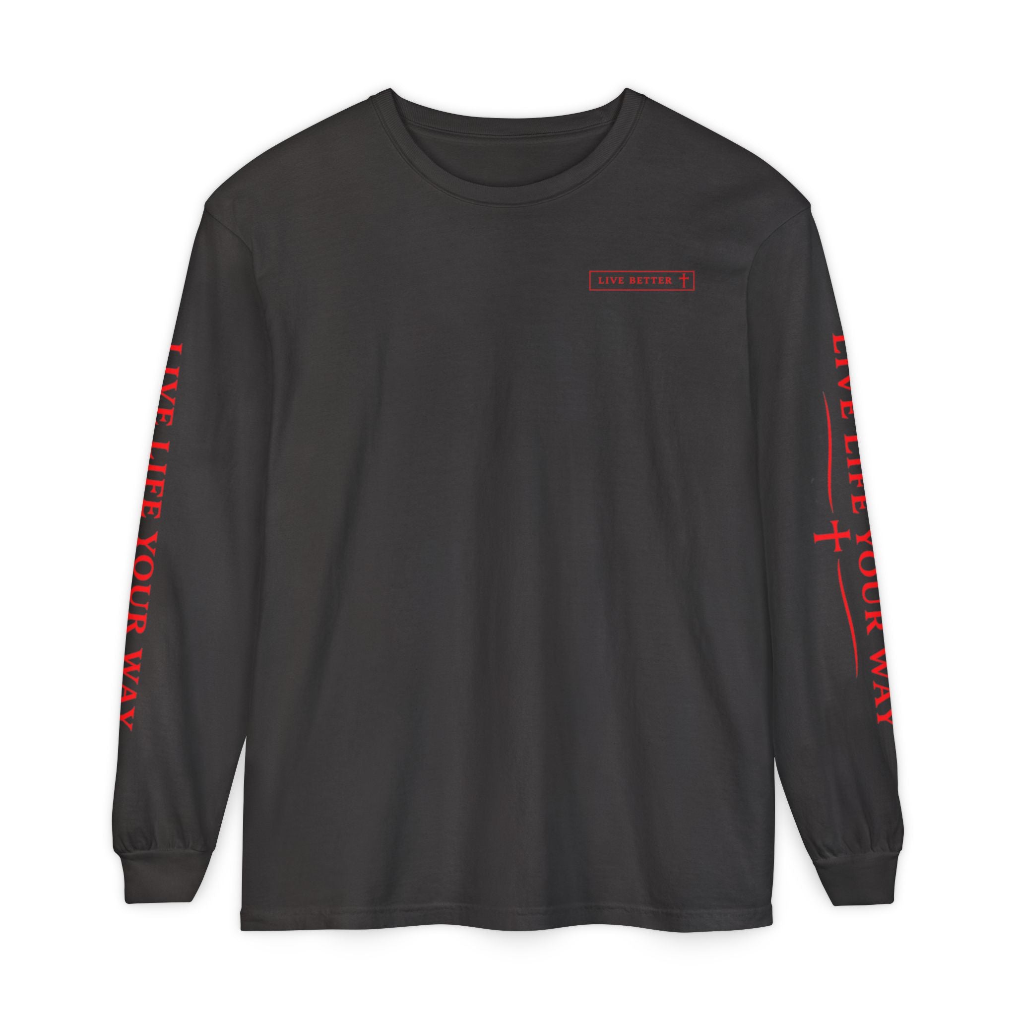Camiseta de manga larga para hombre, Vive la vida a tu manera, Letras rojas