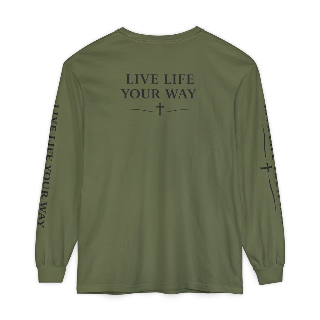 Camiseta de manga larga para hombre, "Vive la vida a tu manera", letras negras
