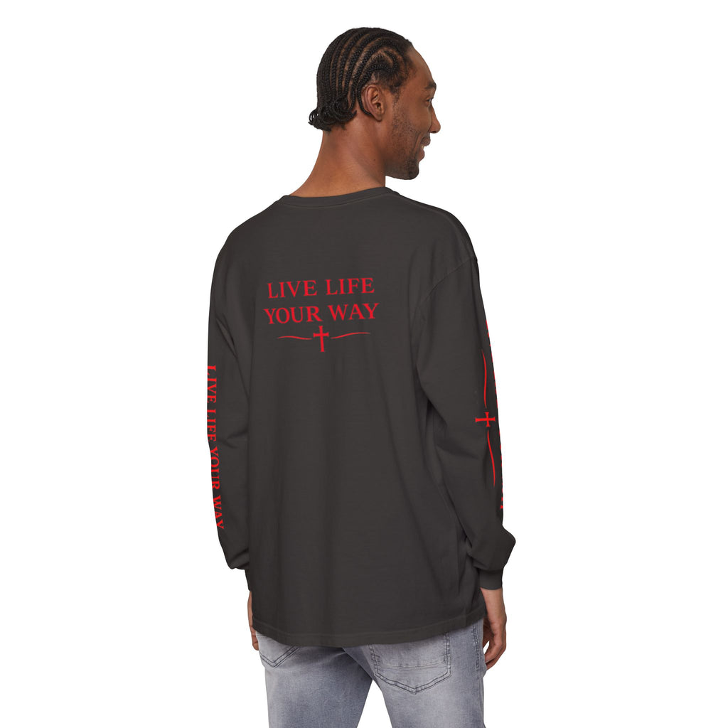 Camiseta de manga larga para hombre, Vive la vida a tu manera, Letras rojas